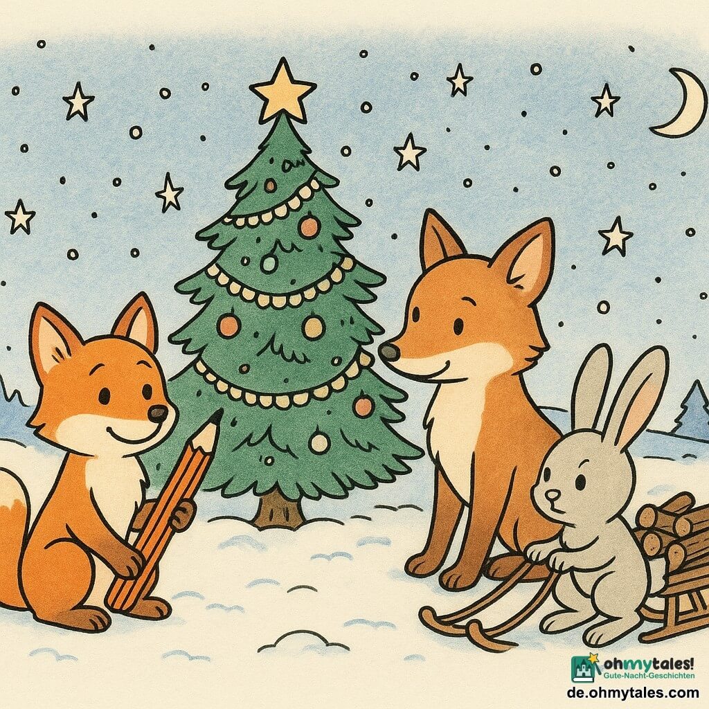 Die Hauptfigur ist ein kleiner Fuchs namens Finn, mit leuchtend rotem Fell und funkelnden Augen, der stolz einen Stift in seiner Pfote hält und lächelt. Neben ihm steht seine Mutter, eine Füchsin mit weichem, warmem Fell, die ihn wohlwollend ansieht. Nicht weit entfernt zieht ein Hase namens Hoppel, mit langen Ohren und flauschigem Fell, einen kleinen Schlitten voller Holz und zeigt einen entschlossenen Ausdruck. Die Szene spielt sich in einer verschneiten Lichtung ab, wo der Schnee unter dem sanften Licht der Sterne glitzert. In der Mitte des Bildes steht ein großer Tannenbaum, geschmückt mit Lichterketten und kleinen bunten Kugeln. Die Atmosphäre ist fröhlich und festlich und fängt einen Moment des Teilens und der gegenseitigen Hilfe zwischen den Figuren ein.
