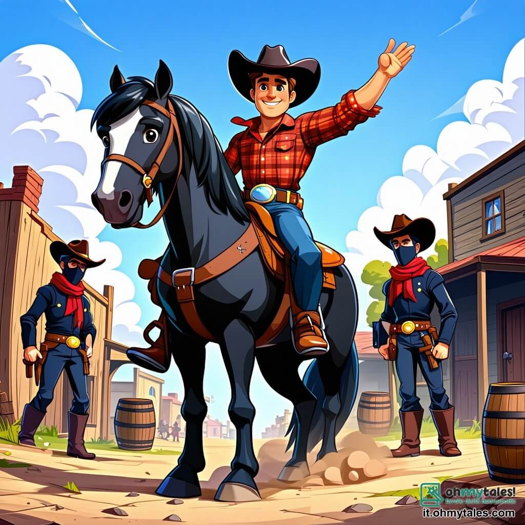 Un cowboy, Billy McGraw, è al centro dell'immagine, con un grande sorriso coraggioso e occhi azzurri scintillanti. Indossa un cappello da cowboy nero, una camicia a quadri rossi e pantaloni di pelle marrone. È montato sul suo fedele cavallo, Fulmine, un magnifico cavallo nero dai crini lucenti, che si tiene fiero e all'erta. Sullo sfondo, tre banditi mascherati, con ampi cappelli e vestiti scuri, minacciano i villaggi, con volti nascosti e espressioni malvagie. Il luogo è la polverosa strada di Dusty Creek, circondata da vecchie case di legno sbiadite, con barili e casse sparse per terra. Il cielo è blu, con alcune nuvole bianche, e il sole splende intensamente. La scena principale mostra Billy, pronto a difendere il villaggio, alzando il braccio per attirare l'attenzione dei banditi, mentre i villaggi, nascosti dietro i barili, osservano con occhi pieni di speranza e paura.