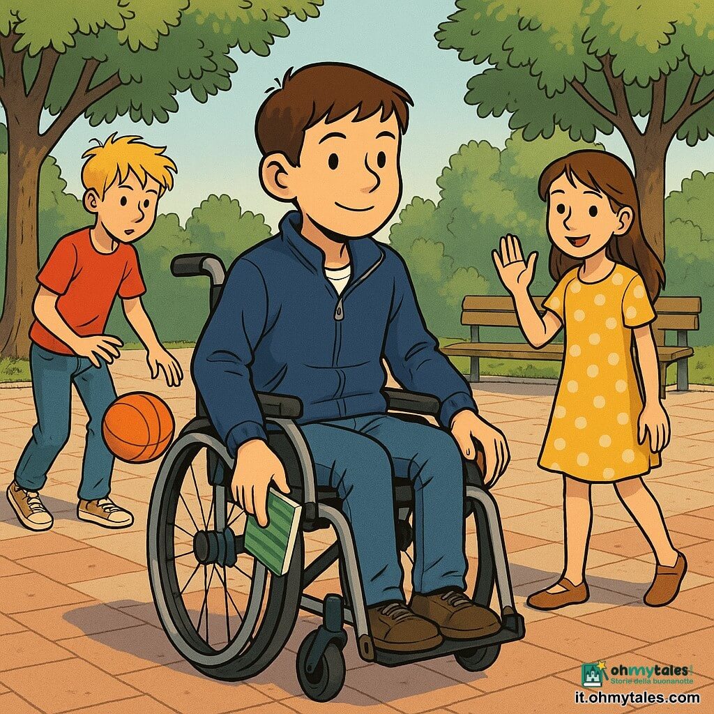 Ragazzo di 12 anni su sedia a rotelle (Tommaso), espressione determinata e timida, capelli castani corti, giacca blu scuro, jeans, guarda avanti tenendo un piccolo taccuino verde a righe e toccando delicatamente la ruota anteriore; zaino verde appeso dietro; a sinistra Luca, 12 anni, capelli biondi spettinati, T‑shirt rossa, cerca di far rimbalzare un pallone arancione; a destra Sara, circa 12 anni, capelli castano lunghi, apparecchio acustico dietro l'orecchio destro, vestito giallo a pois, saluta timidamente; scena in un cortile scolastico lastricato con motivi di mattoni rossi, panchina di legno, alberi dal fogliame verde chiaro e cielo azzurro latteo, atmosfera di mattina fresca con luci morbide e ombre lunghe, stile fumetto chiaro con contorni neri precisi e colori opachi — incontro caloroso e ordinario.