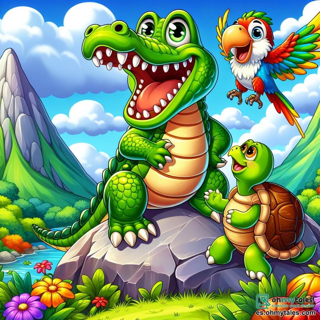 Un cocodrilo llamado Ciro, con una piel verde brillante y ojos llenos de curiosidad, está sobre una gran piedra en la cima de una montaña, sonriendo ampliamente con dientes blancos y relucientes. Junto a él, una tortuga llamada Tina, con un caparazón marrón y ojos tiernos, mira a Ciro con admiración, mientras que un loro colorido llamado Lucho, con plumas rojas, amarillas y verdes, vuela a su alrededor haciendo piruetas alegres. El lugar es una hermosa montaña cubierta de flores coloridas, con un cielo azul brillante y nubes blancas y esponjosas. La escena principal muestra a Ciro, Tina y Lucho riendo juntos después de un día de aventuras, rodeados de frutas jugosas y brillantes, listos para compartir sus historias divertidas con todos los animales de la jungla.