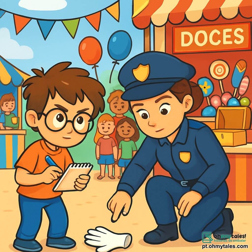 Um menino de nove anos, Lucas, com cabelos castanhos bagunçados e óculos redondos, exibe uma expressão determinada e curiosa. Ele segura um pequeno bloco de notas em uma mão e uma caneta na outra, observando atentamente uma cena à sua frente. Ao seu lado, a inspetora Clara, uma mulher na casa dos trinta anos, com cabelos castanhos presos em um coque e vestindo um uniforme de polícia, examina uma luva caída no chão, com uma expressão concentrada. A cena ocorre em uma praça animada de um festival, cercada por barracas coloridas com bandeirinhas, balões flutuantes e pessoas sorridentes aproveitando os jogos e as guloseimas. No centro, uma grande barra de doces chama a atenção, mas uma caixa vazia dourada está tristemente ao lado, indicando que um roubo ocorreu. Lucas e Clara estão perto da barra de doces, enquanto crianças curiosas os cercam, ouvindo atentamente. A situação principal mostra Lucas, com um olhar atento, apontando a luva no chão, enquanto Clara se inclina para examiná-la, ambos imersos na resolução de um mistério intrigante.