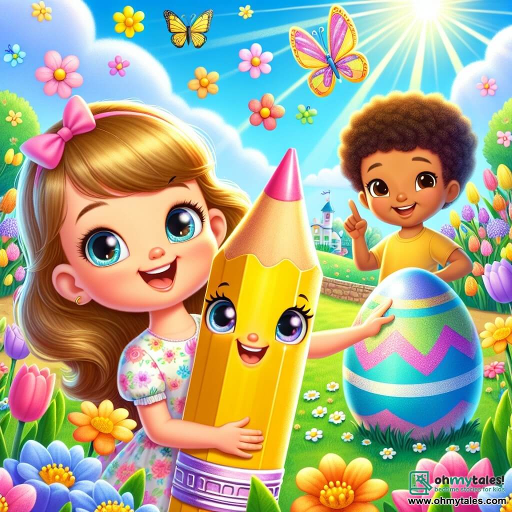 Penny, a small yellow pencil with a shiny pink eraser, is at the center of the image, displaying a big excited smile as she holds a treasure map. Next to her, Lily, a little girl with curly hair and sparkling eyes, is pointing at a colorful butterfly flying near a flower. She wears a floral dress and has a look of wonder. Max, a boy with brown hair, is slightly behind, holding a shiny blue egg in his hands, beaming with pride for finding a treasure. The setting is a vibrant spring garden filled with colorful flowers like tulips and daisies, under a clear blue sky dotted with a few white clouds. Sun rays illuminate the scene, creating a joyful and playful atmosphere. The main situation shows Penny and her friends on a spring treasure hunt, exploring the garden, amazed by the beauty of nature around them, with elements of spring like flowers, insects, and hidden eggs.