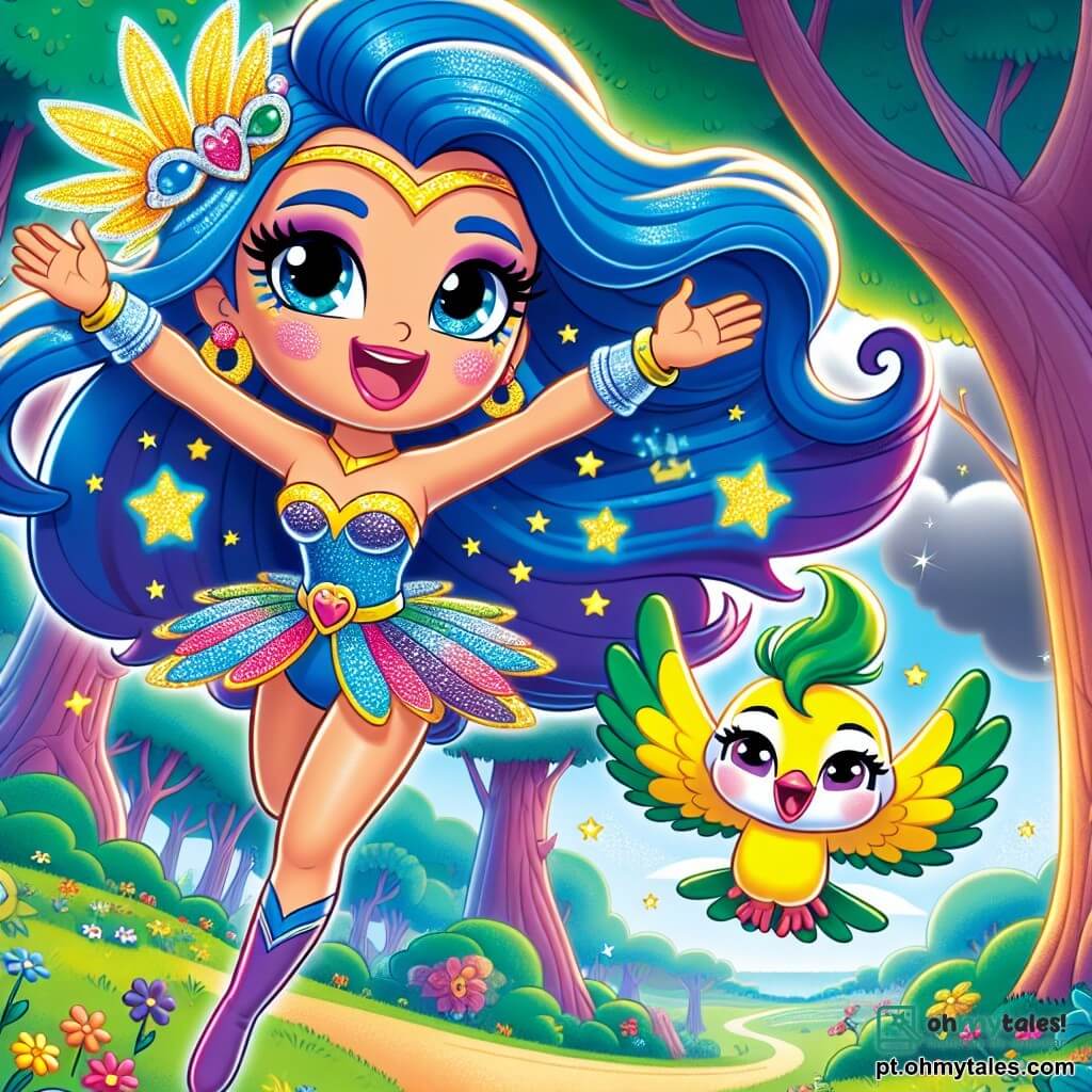 A Super Lila, uma mulher com cabelos azuis brilhantes e olhos cintilantes, voa alegremente no céu, com um grande sorriso no rosto. Ela usa um traje colorido com estrelas brilhantes, e seus braços estão abertos como se estivesse abraçando o vento. Ao lado dela, o Sabiá, um pequeno pássaro com penas amarelas e verdes, voa em círculos, cantando alegremente para incentivar Lila. A cena acontece na floresta encantada de Estrelinha, onde as árvores são altas e majestosas, suas folhas brilham sob o sol, e flores coloridas cobrem o chão. Nuvens cinzas flutuam acima, escondendo o sol, tornando a atmosfera um pouco triste. Super Lila e o Sabiá reúnem seus amigos para cantar e dançar, tentando dissipar as nuvens escuras e trazer de volta a luz do sol.