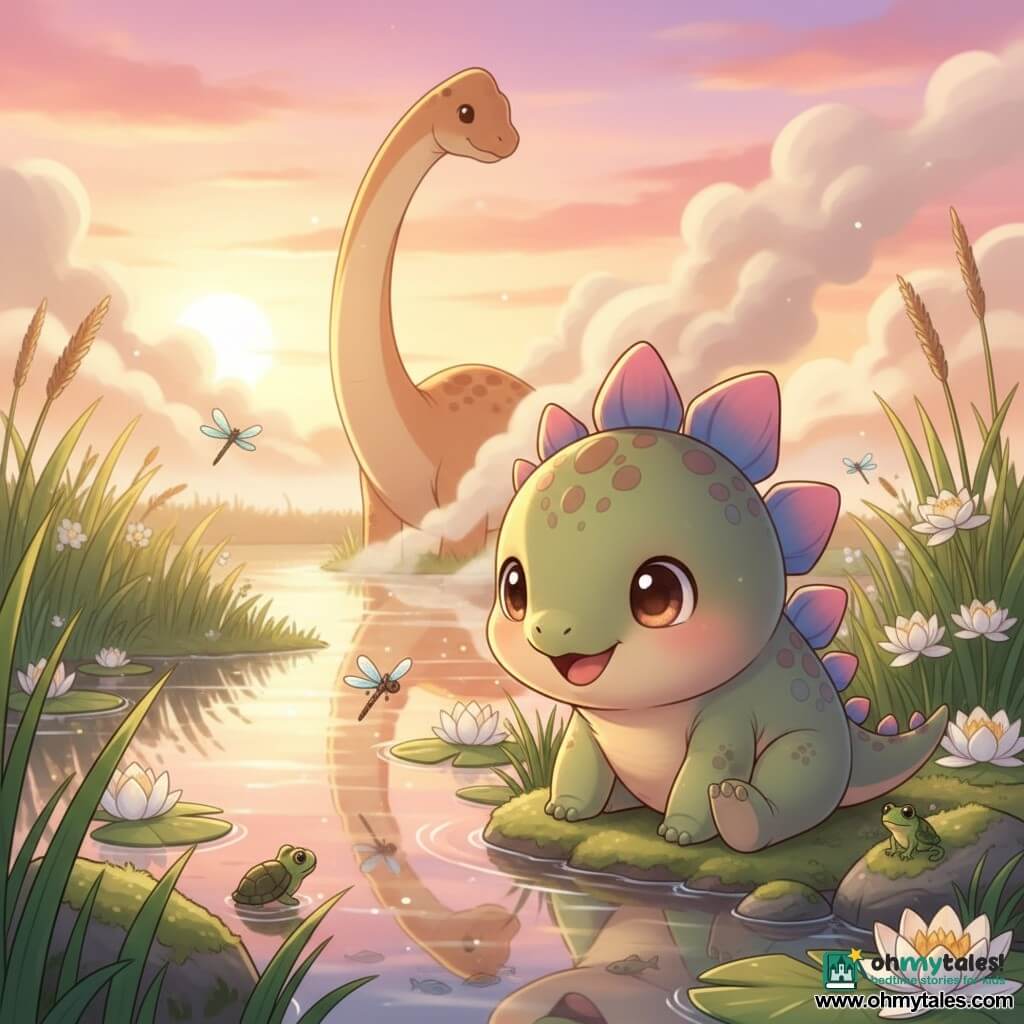 A chibi young stegosaurus, round and cute, with large pastel pink and blue rounded plates, bright eyes and a wonder-filled smile, sits at the marsh edge with a foreleg on a stone, gazing at the water; in the background a gentle guardian brachiosaurus with a curved long neck in warm earth tones watches over amid geyser steam; the magical marsh has mirror-smooth water reflecting a pink-orange sunset, light mist, tender tall grasses, white water lilies, iridescent dragonflies, tiny colorful frogs and a sunbathing turtle by the shore, fish visible beneath the clear surface; the scene captures the stegosaurus discovering a hidden grove at the marsh edge, bathed in golden sunset light, peaceful and magical.