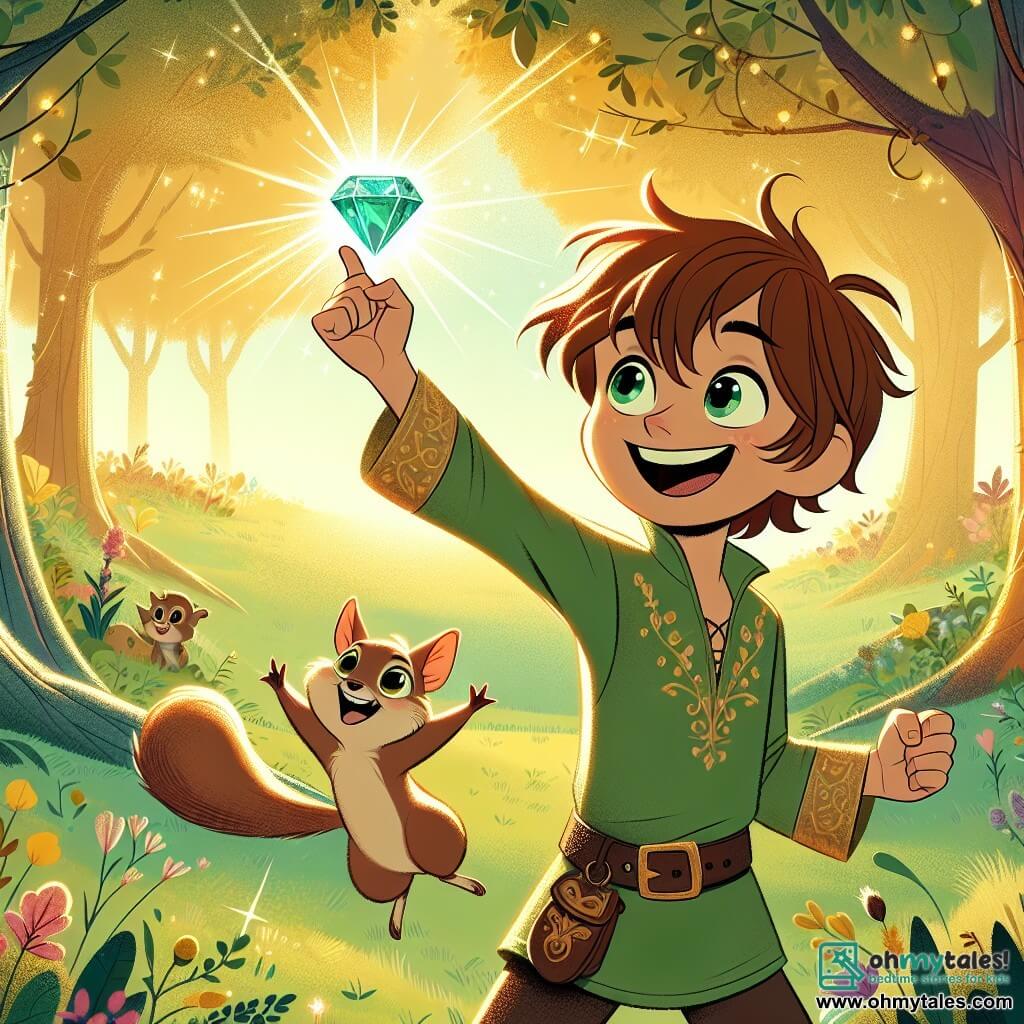 In the center of the image, a young boy named Cedric, about 10 years old, stands with a determined and joyful expression. He has messy brown hair, sparkling curious eyes, and wears a green tunic adorned with floral patterns. In his right hand, he holds a shiny gemstone, the Great Sapphire, which sparkles in the sunlight. Next to him, a small squirrel named Pippin, with brown fur and bright eyes, jumps with excitement. He is pointing at the stone, his face showing contagious joy. In the background, the scene takes place in an enchanted clearing surrounded by majestic trees with golden leaves, where colorful flowers dance in the breeze. Sunlight filters through the branches, creating a magical play of shadows and light on the ground. The main situation shows Cedric and Pippin celebrating their victory after retrieving the Great Sapphire, surrounded by an atmosphere of joy and magic, while birds sing in the trees and butterflies flutter around them.