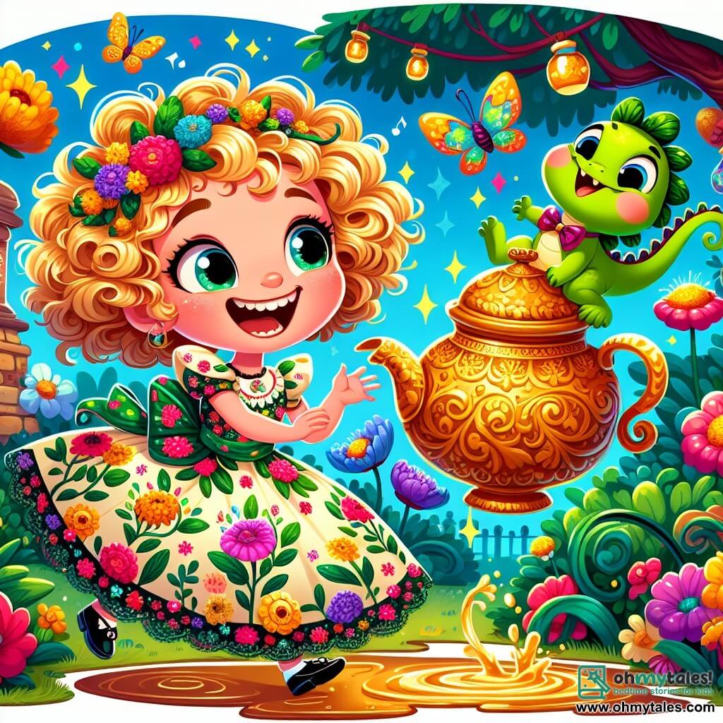 A 6-year-old girl named Poppy, with curly golden hair shining in the sun, laughs heartily while holding a golden teapot decorated with dancing patterns. She wears a colorful floral dress, and her eyes sparkle with joy and curiosity. Next to her is a little dragon named Twizzle, with green leaf wings and a multicolored bow tie, fluttering in the air with a mischievous smile. The scene takes place in an enchanted garden filled with singing flowers in bright colors, large trees with branches that seem to dance, and a blue sky dotted with laughing clouds. In the center, a large muddy puddle sparkles in the sun, where the magical teapot was discovered. The main situation shows Poppy and Twizzle having fun together, surrounded by singing flowers and colorful butterflies flying around them, while a waffle lion joyfully appears at the end of their adventure, ready to receive a delicious waffle cake.