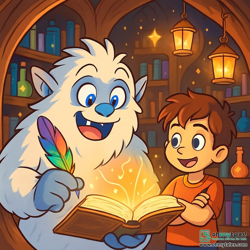 A dazzling white yeti with sparkling sapphire blue eyes stands at the center of the scene, displaying a look of wonder on its face, ears slightly perked up, holding a shimmering colorful feather in its paw. Next to it, a young boy about 8 years old, with tousled brown hair and a warm smile, watches the yeti with fascination, arms crossed over his chest. The setting is a vast magical library carved into a giant tree, where twisted wooden shelves are filled with glowing books and colorful bottles. Floating lanterns illuminate the air, casting dancing shadows on the walls. The main scenario shows the yeti and the boy discovering an ancient book that glows with a golden light, while a soft, enchanting melody resonates around them, filling the air with an atmosphere of mystery and adventure.