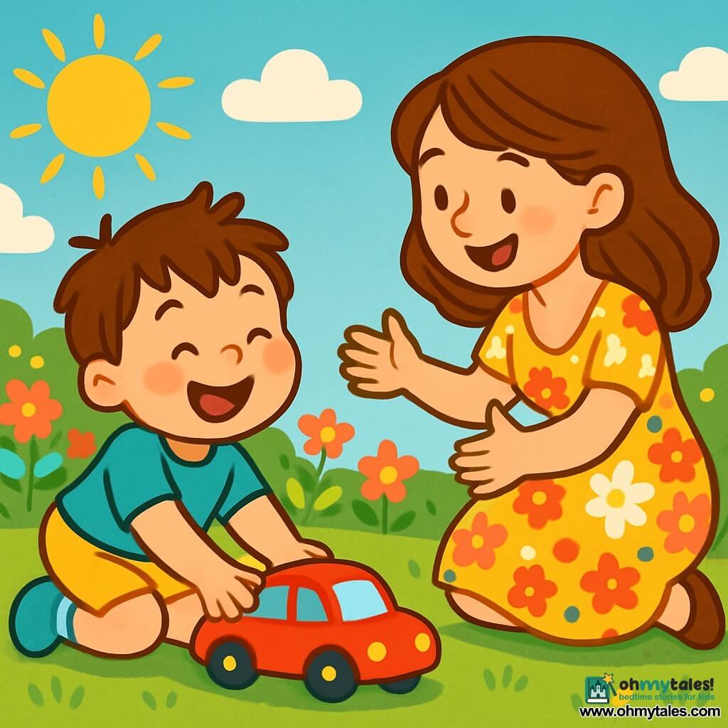 A 2-year-old boy with messy brown hair and sparkling eyes is playing with his shiny red car on a sunny green lawn. He has a big smile on his face, and his round, rosy cheeks are illuminated by the sun. Next to him, his mother, a woman in her 30s with long brown hair and a warm smile, crouches down to encourage him. She is wearing a light floral dress and looks at her son with affection, arms open for a hug. The scene takes place in a colorful garden filled with vibrant flowers and a clear blue sky with fluffy white clouds. The little boy rolls his red car on the grass, laughing with joy, while his mother watches him lovingly, ready to comfort him if he falls.