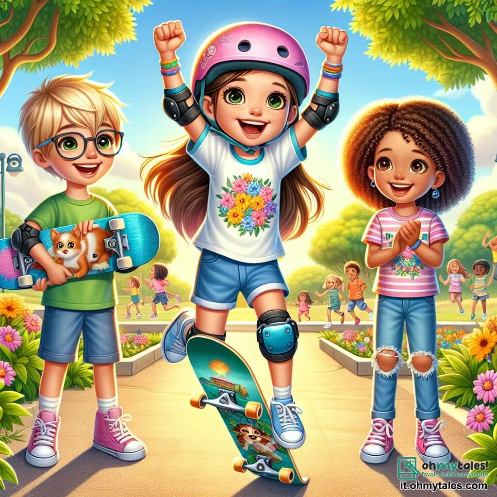 Una ragazza di 8 anni, Mia, è al centro dell'immagine, con lunghi capelli castani e occhi brillanti di determinazione. Indossa una maglietta colorata e un casco protettivo, sorridendo con orgoglio mentre riesce a fare un salto con lo skateboard, le braccia alzate in segno di vittoria. Alla sua destra, il suo migliore amico Luca, un ragazzo di 9 anni con capelli biondi e occhiali, la incoraggia con un grande sorriso, tenendo il suo skateboard sotto il braccio. A sinistra, Sara, una ragazza di 8 anni con capelli ricci e pelle color caramello, applaude con entusiasmo, gli occhi brillanti di ammirazione per Mia. Lo sfondo è un parco soleggiato, con alberi verdi, un sentiero in cemento liscio e bambini che giocano sullo sfondo. I fiori colorati bordano il sentiero, aggiungendo un tocco di allegria. La scena principale mostra Mia che esegue un salto impressionante con il suo skateboard, circondata dai suoi amici che la incoraggiano, illustrando così la gioia dell'amicizia e la passione per lo sport.