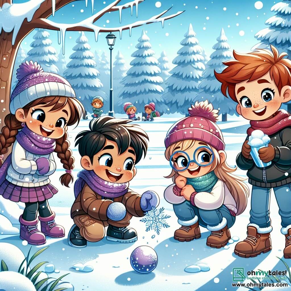 In a snowy park, four friends gather for a day of winter adventures. Mia, an 8-year-old girl with brown hair in braids, wears a flying purple scarf and is laughing as she throws a snowball. Leo, a 7-year-old boy with messy blond hair and a red beanie, crouches ready to catch a falling snowflake. Emma, an 8-year-old girl with brown hair and round glasses, carefully observes ice crystals on a tree branch. Jack, a 9-year-old boy with red hair and freckles, stands beside them with a smile, holding a cup of hot chocolate and leaning on his blue crutch. The park is filled with tall snow-covered trees, and the ground sparkles in the sunlight as snowflakes gently fall from the sky, creating a magical atmosphere. The friends enjoy exploring the beauty of winter, building a snowman, and discovering the wonders of nature while sharing laughter and stories.