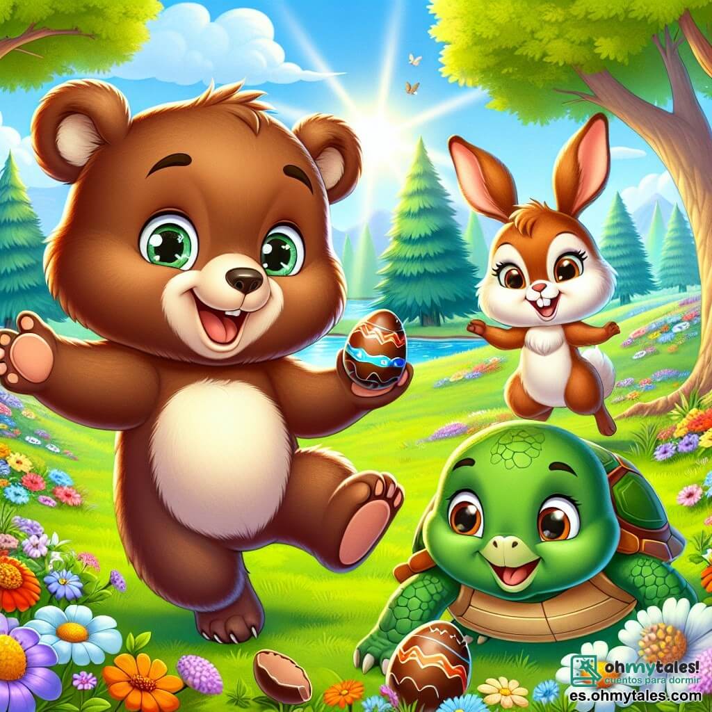 Un pequeño oso marrón llamado Bruno, con un pelaje suave y ojos brillantes de alegría, salta de felicidad en un claro soleado del bosque, rodeado de flores coloridas y árboles majestuosos. A su lado, una ardilla traviesa llamada Sara, con pelaje rojizo y ojos pícaros, ríe mientras se revuelca en la hierba, mientras un pequeño conejo blanco, Toby, con grandes orejas y una sonrisa radiante, sostiene un huevo de chocolate de Pascua en sus patas, listo para esconderlo. Más lejos, una tortuga llamada Tina, con un caparazón verde y un aire sabio, observa la escena con una sonrisa benevolente. La atmósfera es alegre y festiva, llena de colores vivos y risas, mientras los amigos se preparan para comenzar su búsqueda de huevos de Pascua en este encantador escenario.