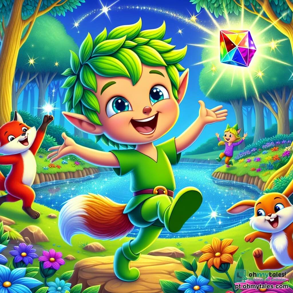 Um elfo alegre chamado Zippy, com cabelos verdes brilhantes como folhas frescas e um grande sorriso, está à beira de um lago cintilante. Ele salta de alegria, segurando um cristal colorido que brilha como uma estrela. Ao seu lado, uma raposa chamada Fifi, com pelagem ruiva e olhos brilhantes, gira em círculos, divertida com a empolgação de Zippy. Um coelho travesso chamado Tico, com orelhas longas e brancas, pula alegremente, pronto para se juntar à dança. O cenário é uma floresta mágica, cheia de árvores com troncos dourados e flores multicoloridas que dançam ao vento. O lago, de um azul vibrante, reflete todas as cores do arco-íris, criando uma atmosfera encantada. A cena principal mostra Zippy, Fifi e Tico preparando um Festival das Risadas, cercados de risos e alegria, enquanto a luz do cristal ilumina a cena, trazendo uma mágica radiante à sua amizade.