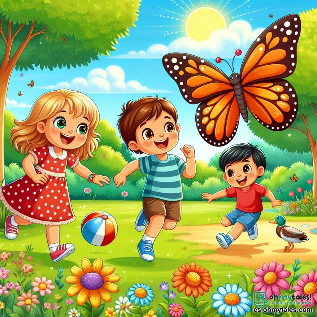 Juan, un niño de tres años con cabello castaño y ojos brillantes, corre alegremente hacia una gran mariposa colorida que vuela cerca de un árbol. Ana, una niña de tres años con cabello rubio y un vestido rojo con lunares, se detiene para admirar la mariposa, sonriendo. Luis, otro niño de tres años con cabello negro y una camiseta azul, sostiene una pelota en sus manos y mira a sus amigos con entusiasmo, listo para jugar. El parque está lleno de grandes árboles de hojas verdes, flores brillantes de todos los colores y un pequeño estanque donde nadan patos. El sol brilla en un cielo azul claro, creando una atmósfera alegre y veraniega. Los tres amigos se divierten juntos, corriendo y riendo, mientras descubren la belleza de la naturaleza y comparten momentos de felicidad durante su día en el campamento de verano.