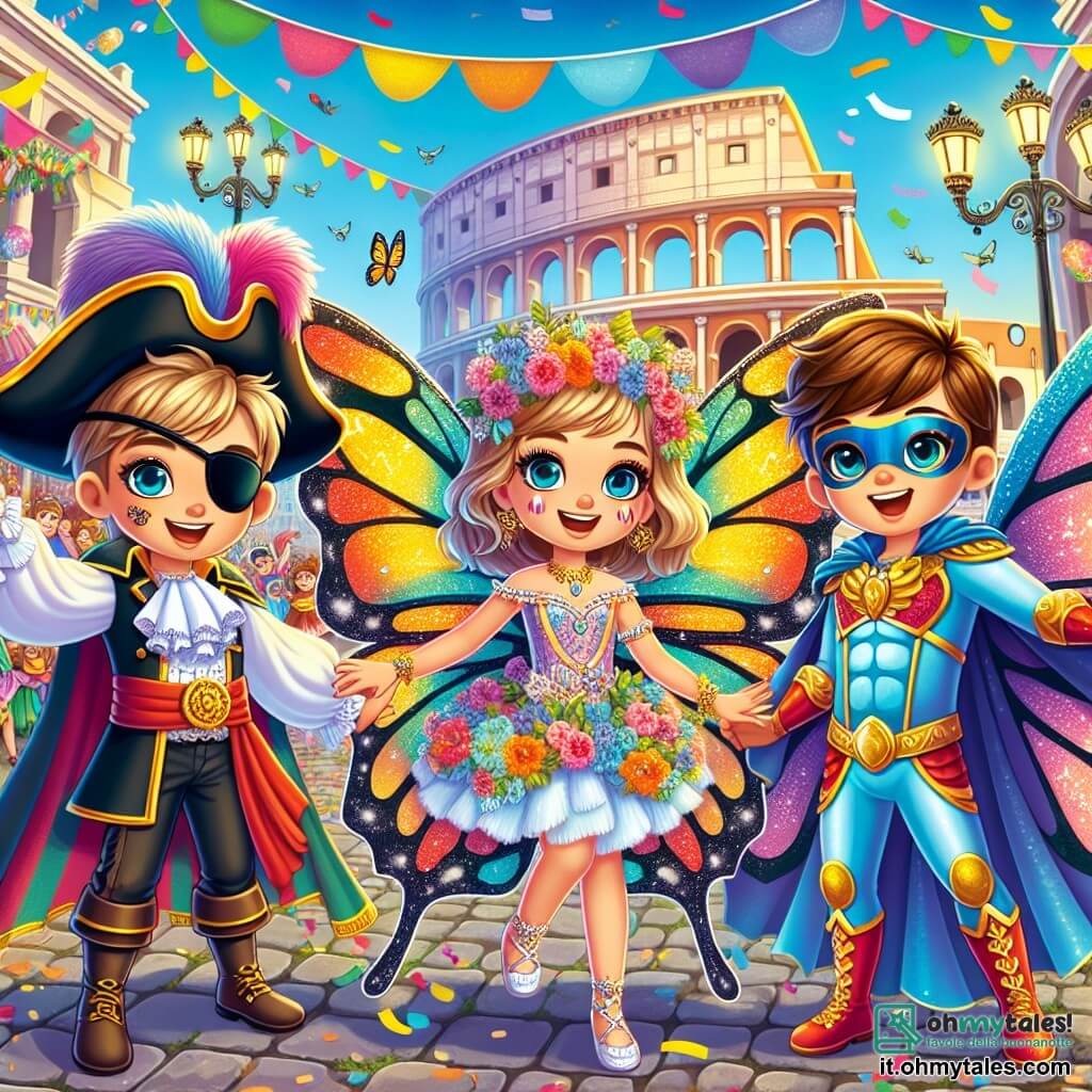 In una scena vibrante di carnevale, tre bambini si trovano al centro di una piazza animata. Marco, un ragazzo di nove anni, indossa un costume da pirata con una grande benda nera sull'occhio e un cappello piumato, sorridendo con entusiasmo. Alla sua destra, Giulia, una ragazza di nove anni, è travestita da splendida farfalla, con ali colorate che brillano al sole e una corona di fiori tra i capelli. A sinistra, Luca, un ragazzo di nove anni, è vestito da supereroe, con un mantello blu svolazzante e una maschera scintillante che nasconde i suoi occhi vivaci. La scena si svolge in una grande piazza di Roma, piena di decorazioni colorate: bandierine svolazzano nel vento, palloncini multicolori sono appesi ai lampioni e coriandoli danzano nell'aria. Sullo sfondo si intravede il maestoso Colosseo, aggiungendo un tocco storico all'atmosfera festiva. I tre amici ballano e ridono insieme, circondati da altri bambini in costume, mentre un grande carro decorato passa lentamente davanti a loro, pieno di fiori e luci scintillanti. L'energia gioiosa del carnevale è palpabile, con volti sorridenti e scoppi di riso che risuonano nell'aria.