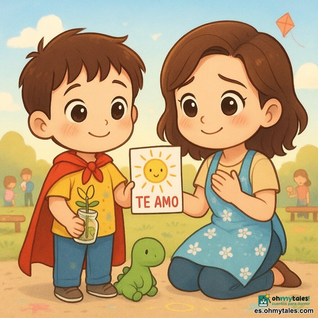 Un niño de 6 años de cara redonda, pelo castaño corto, mejillas sonrojadas, con una capa roja y una camiseta amarilla manchada de tiza sostiene un pequeño frasco de vidrio con una ramita y una mariposa de papel amarilla pegada, además de una tarjeta hecha a mano con un gran sol y las letras TE AMO; la madre, de unos 30 años, pelo castaño medio, con delantal azul de flores, ojos húmedos y sonrisa tierna, está agachada a su altura con una mano en el pecho y la otra lista para recibir el regalo; a sus pies hay un pequeño dinosaurio de peluche verde; escenario: explanada de césped con bancos de madera, marcas de tiza en el suelo, familias desenfocadas al fondo, helados y cometas en un cielo azul claro; momento dulce y luminoso, composición centrada, colores pastel, luz cálida de tarde, expresiones adorables, líneas limpias y texturas suaves.