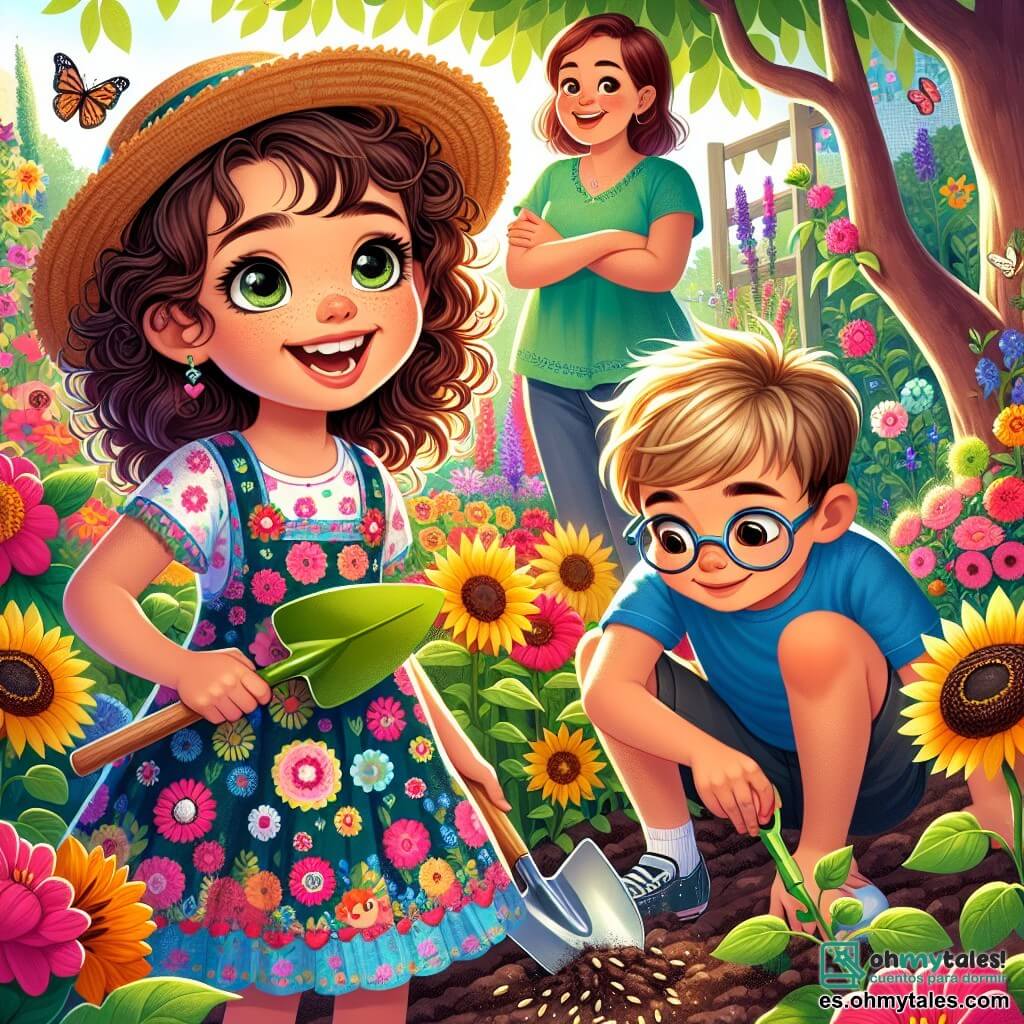 Una niña de 10 años, Lucía, con cabello castaño y rizado, y ojos llenos de curiosidad, está en el centro de un jardín en plena floración. Lleva un vestido colorido con flores y un sombrero de paja, sonriendo alegremente mientras sostiene una pequeña pala, lista para plantar semillas. A su lado, su amigo Pablo, un niño de 10 años con cabello rubio y gafas, está agachado plantando semillas de girasol. Lleva una camiseta azul y un short, y mira a Lucía con una gran sonrisa, compartiendo su entusiasmo. Al fondo, la maestra Olga, una mujer de unos treinta años con cabello castaño y una blusa verde, los observa con orgullo, rodeada de flores coloridas y mariposas. El jardín es un espacio vibrante, lleno de flores brillantes, verduras en crecimiento y rayos de sol filtrándose a través de las hojas de los árboles. Las abejas zumban alegremente, añadiendo vida a esta escena primaveral. La situación principal muestra a Lucía y Pablo trabajando juntos para crear un jardín comunitario, simbolizando la amistad, la cooperación y la magia de la primavera.