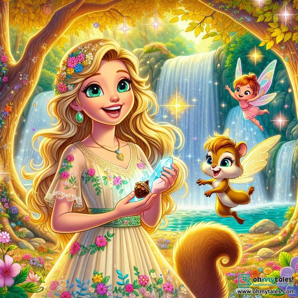 Elara, a young woman with long golden hair and sparkling curious eyes, stands at the center of the scene, a radiant smile lighting up her face. She wears a light dress adorned with colorful flowers and holds the Great Crystal of Balance in her hands, which sparkles brightly, symbolizing hope and magic. Beside her, Pip, a mischievous little squirrel with bright eyes and brown fur, joyfully climbs on her shoulder while holding a hazelnut in his front paws. Further away, Tilly, a pixie with shimmering wings and curly pink hair, flits around Elara, laughing and casting sparks of magic into the air. The setting is an enchanted clearing bathed in golden light, surrounded by majestic trees with shimmering leaves, and dotted with vibrant flowers dancing in the breeze. In the background, a sparkling waterfall pours its waters into a crystal-clear stream, adding a touch of magic to the environment. The main scene shows Elara, surrounded by her friends, celebrating their victory after retrieving the Great Crystal of Balance, radiating joy and pride, while the light from the crystal illuminates the clearing, creating an atmosphere of happiness and friendship.