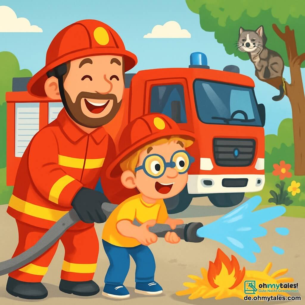 Max, ein mittelgroßer Mann mit braunen Haaren und einem gepflegten Bart, trägt eine leuchtend rote Feuerwehruniform. Sein Gesicht drückt Freude und Aufregung aus, während er breit lächelt und einen großen Feuerwehrschlauch hält. Neben ihm steht Emil, ein 8-jähriger Junge mit zerzausten blonden Haaren und einer Brille, der eine kleine Feuerwehrmütze trägt. Er schaut mit Staunen auf den Wasserstrahl, der aus dem Schlauch spritzt, mit neugierigen, leuchtenden Augen. Die Szene spielt vor einem großen roten Feuerwehrwagen, der auf dem Asphalt eines sonnigen Hofes geparkt ist, umgeben von bunten Blumen und grünen Bäumen. Im Hintergrund sieht man einen kleinen Baum, auf dem eine gestreifte Katze sitzt und leise miaut. Die Hauptsituation zeigt Max und Emil, die sich gegenseitig helfen, ein kleines simuliertes Heufeuer zu löschen, und dabei eine Atmosphäre von Abenteuer und Kameradschaft schaffen.