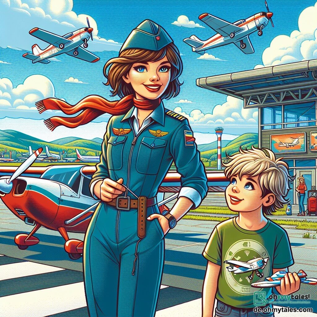 Eine Pilotin, Lina, steht stolz neben ihrem kleinen roten Flugzeug auf dem sonnigen Flughafen. Sie trägt einen blauen Pilotenanzug mit einem roten Schal, der im Wind weht, ihre braunen Haare sind zu einem Pferdeschwanz gebunden. Ihr Gesicht strahlt Freude und Aufregung aus, ihre Augen funkeln vor Leidenschaft für das Fliegen. In der Nähe beobachtet ein zehnjähriger Junge, Jakob, mit Staunen. Er hat zerzauste blonde Haare und trägt ein grünes T-Shirt mit einem Flugzeugmotiv. In seinen Händen hält er ein kleines Plastikflugzeug, seine Augen sind weit geöffnet, fasziniert von der Welt der Luftfahrt. Die Szenerie ist ein lebhafter Flughafen mit bunten Flugzeugen im Hintergrund, weißen Wolken, die am strahlend blauen Himmel schweben, und grünen Bergen am Horizont. Die Szene zeigt, wie Lina begeistert die Grundlagen des Fliegens an Jakob erklärt, der aufmerksam zuhört und davon träumt, eines Tages wie sie zu fliegen.