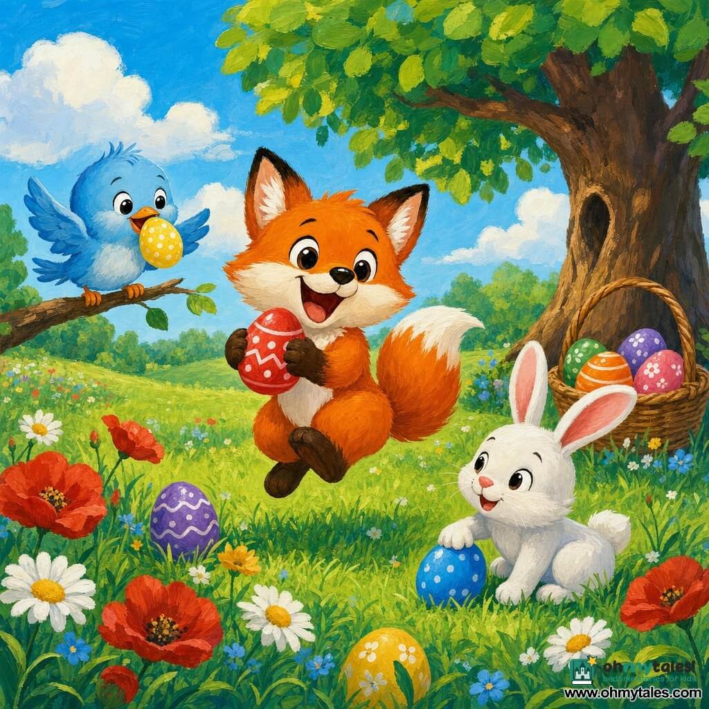 Freddy the fox, the small cute main character with bright orange fur and a fluffy white tail, wide smile and bright eyes, gently holds a painted red egg and jumps joyfully; Bella the bird, a pale blue chick with small wings and soft plumage, flutters happily holding a yellow egg in her beak, perched on a low branch to Freddy's left; Benny the rabbit, a white bunny with large pink ears and a curious, content expression, sits to Freddy's right tapping a blue egg near his paws; the sunny meadow setting has tender green grass, colorful wildflowers, a large round‑canopied tree and a wicker basket of painted eggs in its shade; the scene depicts a joyful, colorful Easter egg hunt with the three friends laughing and collecting shiny eggs, simple clear composition, saturated colors, soft shapes and slightly textured outlines like children’s acrylic painting.