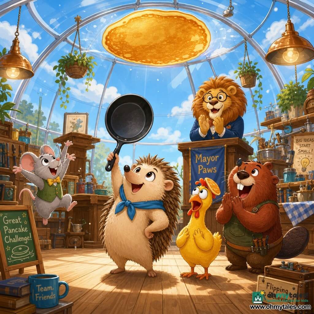 Hazel, a small round confident hedgehog with light brown fur and soft quills wearing a blue scarf, holds a light cast-iron pan and smiles upward as a golden, slightly shiny pancake is stuck to the translucent glass dome's top; Clucky, a funny yellow rubber chicken with a half-pancake on its head, stands surprised beside Hazel on the wooden floor, Benny the stocky red-furred beaver with a wide tail applauds near a cluttered worktable, Millie the small gray mouse jumps with hands raised in admiration, and Mayor Paws, a lion with a full mane and round glasses, stands on a wooden platform clapping; the bright spherical dome interior has transparent glass walls reflecting blue sky, hanging green plants, copper lamps and light plank floors, creating a warm festive scene focused on the triumphant, slightly comical moment with vivid colors and simple clear shapes.