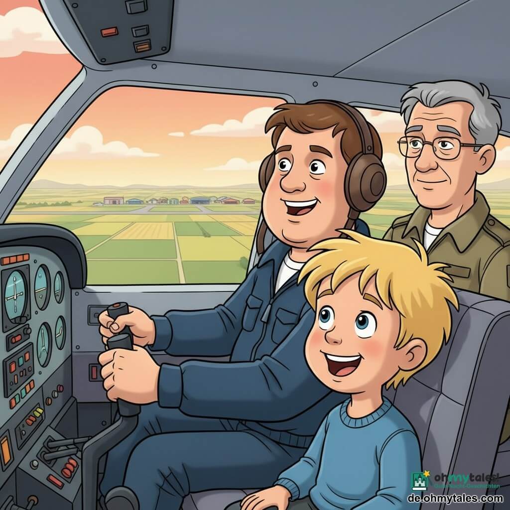 Max, lächelnd und selbstbewusst mit rundem Gesicht und kurzen braunen Haaren, Pilotenjacke und braunem Helm, sitzt neben dem Armaturenbrett der kleinen Cessna mit der Hand am Steuer und staunendem Blick aufs Land; neben ihm der etwa neunjährige Tim mit zerzausten blonden Haaren und großen funkelnden Augen, Hände auf den Knien und aufgeregtem, offenem Lächeln; etwas dahinter Herr Schmidt, älter mit grauen Haaren und schmaler Brille, in khakifarbener Jacke, ruhig und fürsorglich überwacht; Schauplatz ein kleiner Flugplatz bei Sonnenuntergang mit Asphaltbahn, bunten Hangars, grünen Wiesen und schachbrettartigen Feldern darunter, orange-rosa Himmel und weiche Wolken; Szene: Cessna knapp über den Feldern, helle Kabinenfenster, sichtbare Instrumente mit bunten Knöpfen und Zifferblättern, warme abenteuerliche Stimmung, kräftige Farben, klare Konturen im Comicstil der 90er.