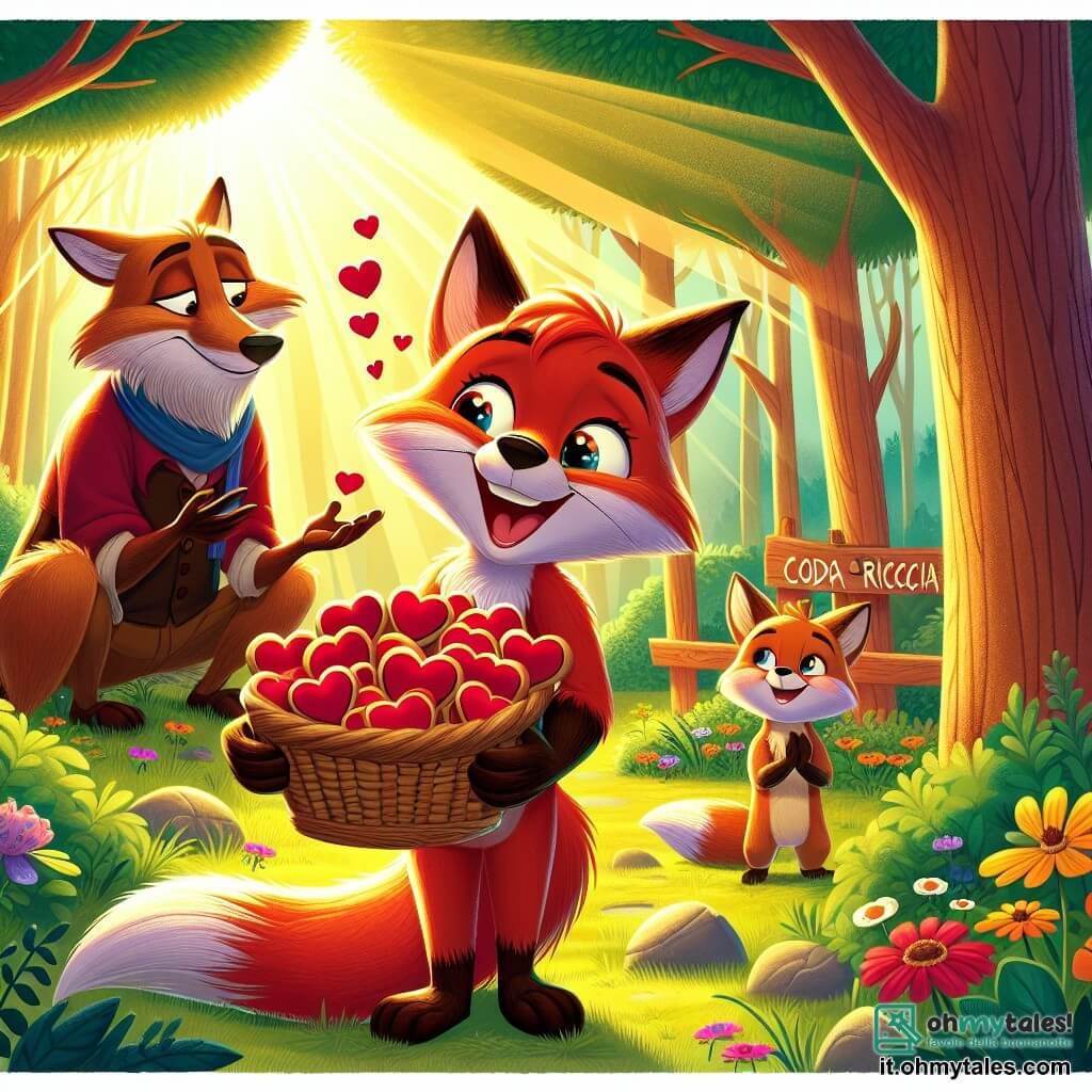 Felice, un giovane volpe dal pelo rosso vivo e dagli occhi scintillanti di gioia, si trova al centro della scena con un grande sorriso, tenendo un cesto pieno di biscotti a forma di cuore. Accanto a lui, suo padre, il signor Zampalesta, una volpe saggia con un pelo più scuro e un'espressione commossa, guarda il figlio con orgoglio e tenerezza. La scena si svolge in una radura soleggiata della foresta di Coda Riccia, circondata da alberi con foglie verdi brillanti e fiori colorati che danzano nella brezza. Raggi di sole filtrano tra i rami, illuminando la scena con una dolce luce dorata. Felice ha organizzato una sorpresa per la festa del papà, e tutti gli animali della foresta sono riuniti intorno a loro, applaudendo e sorridendo, creando un'atmosfera di gioia e amore.