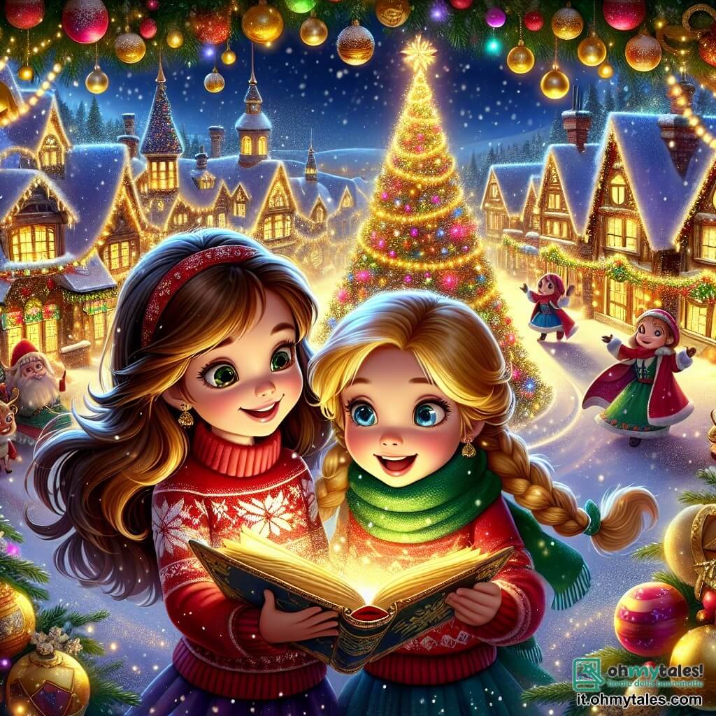Due piccole ragazze, Alice e Sofia, sono al centro dell'immagine. Alice, di 8 anni, ha lunghi capelli castani e indossa un maglione rosso con un motivo di fiocco di neve. Sorride con meraviglia mentre tiene un libro magico dalle pagine dorate. Sofia, anch'essa di 8 anni, ha capelli biondi intrecciati e indossa una sciarpa verde. Guarda il libro con occhi brillanti, piena di curiosità. Intorno a loro si estende un incantevole villaggio di Natale. Le case sono coperte di neve scintillante e decorate con ghirlande luminose colorate. Al centro, un enorme albero di Natale illuminato si erge, adornato con palline brillanti e ghirlande dorate. I fiocchi di neve cadono dolcemente dal cielo, aggiungendo un tocco magico alla scena. Alice e Sofia scoprono il libro magico che le ha trasportate in questo mondo fatato. Sono circondate da un'atmosfera gioiosa, con elfi e renne sullo sfondo, tutti impegnati a preparare le festività natalizie. L'immagine trasmette un'atmosfera calda e festosa, piena di colori vivaci e magia.