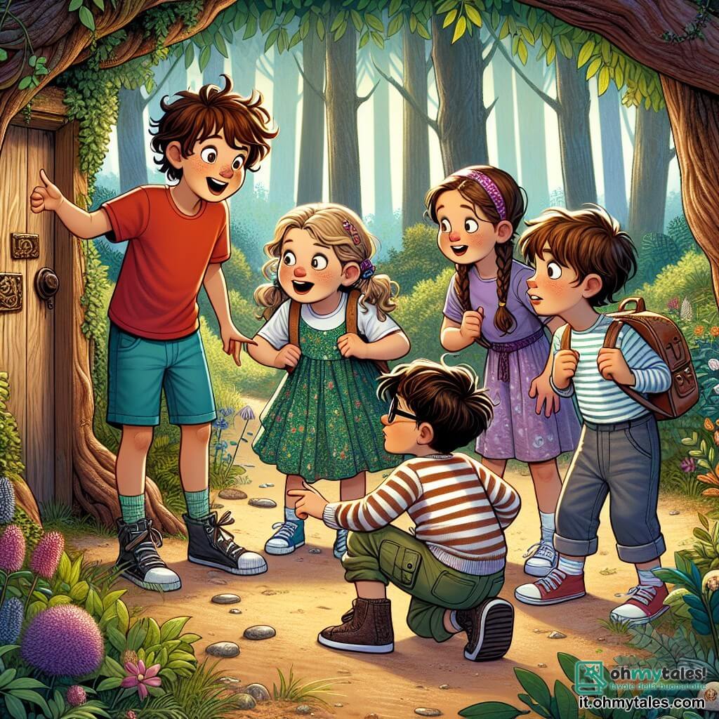 In una foresta incantata, quattro bambini si trovano insieme: **Luca**, un ragazzo di 10 anni con capelli castani arruffati, indossa una maglietta rossa e pantaloni blu, sorride entusiasta indicando una piccola porta di legno nascosta dietro i cespugli; **Sara**, una ragazza di 9 anni con lunghi capelli biondi intrecciati, indossa un vestito verde a fiori e guarda la porta con curiosità, le mani sui fianchi; **Marco**, un ragazzo di 10 anni con occhiali e capelli castani, indossa un maglione a righe e pantaloni cargo, è accovacciato esaminando il terreno intorno alla porta con aria concentrata; **Alessia**, una ragazza di 8 anni con capelli ricci e una fascia rosa, indossa una maglietta viola e pantaloni di jeans, si tiene leggermente in disparte con gli occhi spalancati per la sorpresa, tenendo uno zainetto. La foresta è piena di alberi maestosi con tronchi spessi, le cui foglie brillano di un verde vivace sotto la luce del sole, fiori colorati punteggiano il terreno e farfalle dalle ali scintillanti volano attorno a loro. I bambini hanno appena scoperto una porta misteriosa che conduce a un'avventura magica e stanno per aprirla insieme, pieni di eccitazione e curiosità.