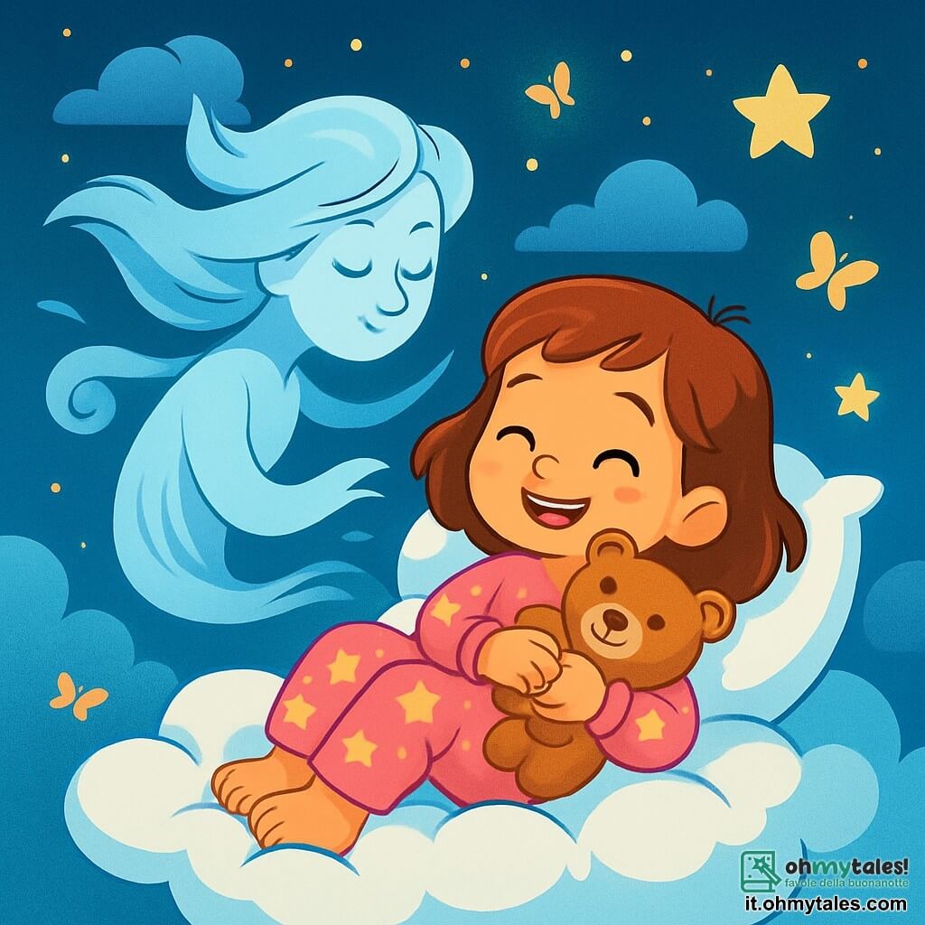 Una bambina di 6 anni, di nome Chiara, è sdraiata su un grande letto di nuvole soffici, con un sorriso radioso e occhi scintillanti di gioia. Indossa un pigiama rosa con stelle brillanti e tiene il suo orsacchiotto contro di sé, sentendosi serena e felice. Accanto a lei, un dolce soffio di vento prende la forma di un personaggio etereo, con tratti delicati e un colore azzurro chiaro. Il vento la circonda teneramente, come un amico invisibile, e sembra sussurrarle parole rassicuranti. Lo sfondo è un cielo stellato, pieno di nuvole cotonose e farfalle luminose che danzano intorno a loro, creando un'atmosfera magica e pacifica. Le stelle brillano intensamente, aggiungendo un tocco di incanto alla scena. Chiara si rilassa sul suo letto di nuvole, respirando profondamente, mentre il vento la incoraggia a immaginare un mondo di sogni. La situazione principale mostra l'armonia tra la bambina e il vento, illustrando un momento di calma e benessere in un universo incantevole.