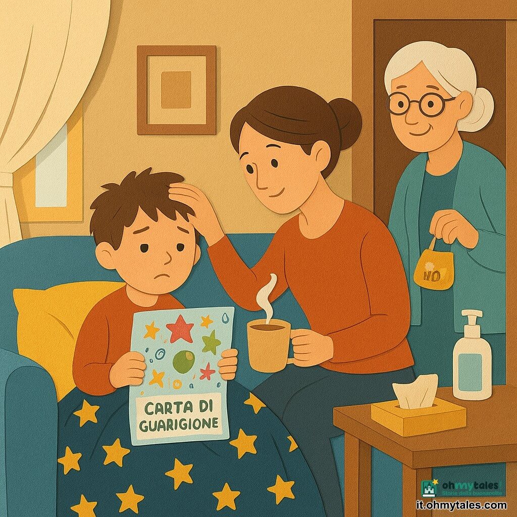 Un bambino di 6 anni, volto rotondo e capelli castani spettinati, dall'aria coraggiosa ma un po' stanca, è seduto su un divano con una coperta a stelle e tiene un grande foglio colorato con una «mappa della guarigione» decorata di stelle e simboli; la mamma di circa 35 anni, capelli castani raccolti in chignon, sorriso dolce e sguardo rassicurante, gli è accanto, gli posa una mano sulla fronte e regge una tazza di tisana fumante; la nonna di circa 70 anni, capelli bianchi in chignon e occhiali tondi, sorride teneramente dalla porta tenendo un sacchettino di caramelle al miele mentre si lava le mani con il gel su un tavolo vicino; la scena si svolge in un soggiorno luminoso dai colori caldi (divano blu, cuscini gialli, tavolino in legno con scatola di fazzoletti, finestra aperta con un raggio di sole e una tenda leggera che si muove) e mostra un momento calmo e affettuoso, leggermente medico ma caldo.