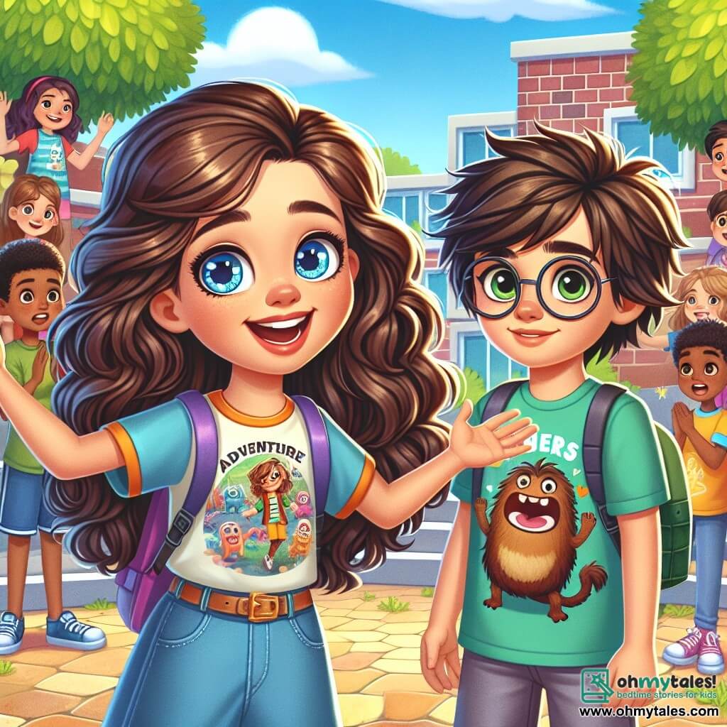 A 9-year-old girl, Lily, stands at the center of the scene with a determined expression on her face. She has big brown curls, sparkling blue eyes, and wears a colorful t-shirt with an adventure pattern. Her arms are open, as if to welcome a friend, and she is smiling warmly. To her right, Ethan, a 9-year-old boy, stands shyly with messy brown hair and round glasses. He wears a t-shirt with a monster design, and his face shows a glimmer of hope as he looks at Lily. In the background, a group of children, some looking surprised, stands at a distance, observing the scene. Among them, Mia, Lily's best friend, has smooth black hair and a big smile. She is clapping and enthusiastically encouraging Lily. The scene takes place in a sunny schoolyard, surrounded by tall trees with green leaves and a colorful brick wall. Sounds of play and laughter resonate around them, creating a joyful atmosphere. The main situation shows Lily standing up for Ethan against classmates who are mocking him, advocating for the importance of kindness and inclusion, while the other children begin to realize that everyone deserves respect.