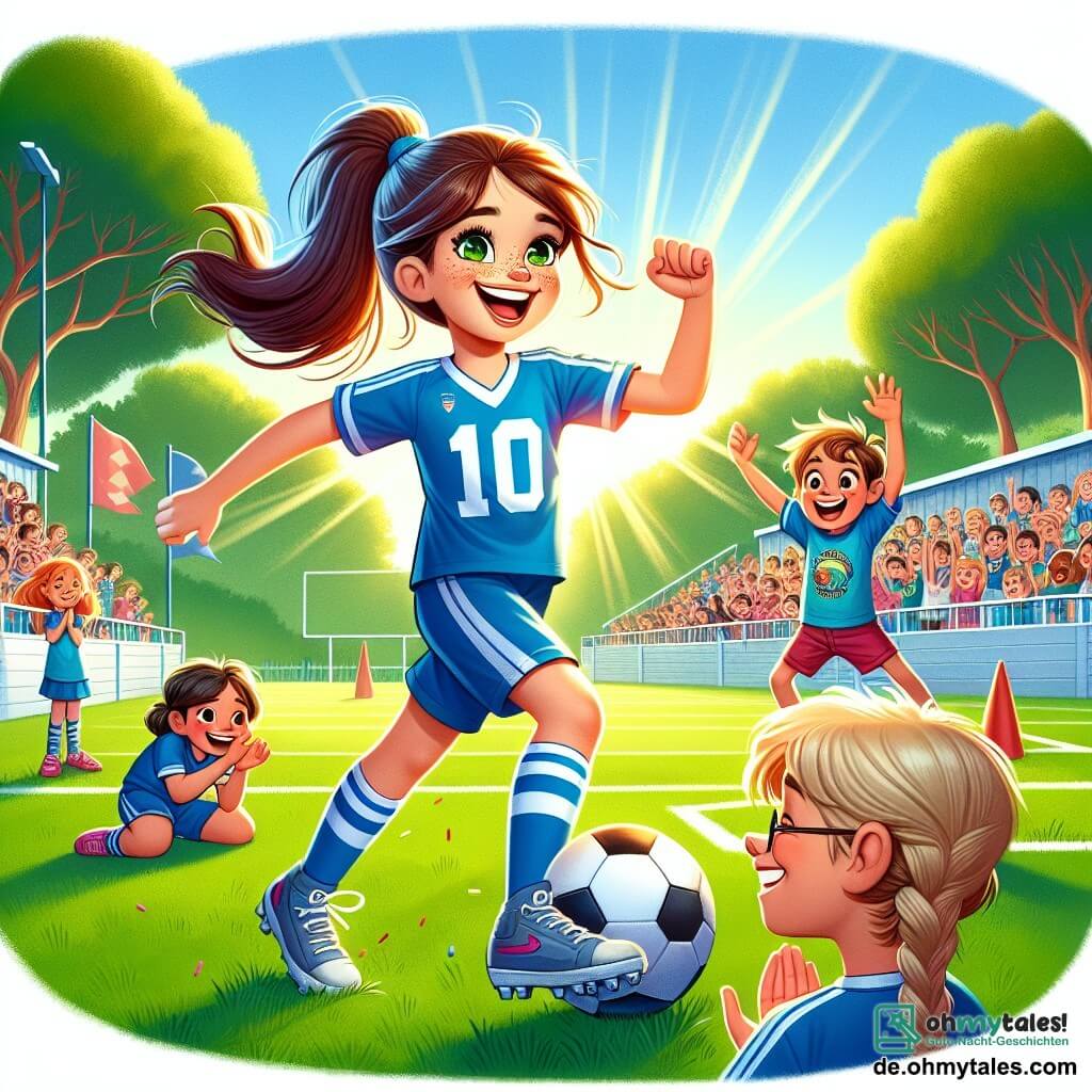 Lara, ein 10-jähriges Mädchen, steht im Mittelpunkt des Bildes. Sie hat lange braune Haare, die zu einem Pferdeschwanz gebunden sind, ein strahlendes Lächeln im Gesicht und trägt ein blaues Fußballtrikot mit der Nummer 10. Sie dribbelt den Ball geschickt, ihre Augen leuchten vor Aufregung und Entschlossenheit. Rechts von ihr steht Max, ihr bester Freund, ein 10-jähriger Junge mit zerzausten blonden Haaren und einer Brille. Er ermutigt sie mit einem breiten Lächeln und erhobenen Armen, bereit, ein Tor zu feiern. Im Hintergrund applaudiert eine Gruppe von Kindern, darunter Mia, ein kleines Mädchen mit geflochtenen Haaren, die enthusiastisch auf einem kleinen Hügel steht, ein rosa T-Shirt und Shorts trägt und die Arme hebt, um Lara anzufeuern. Die Szene spielt auf einem grünen Fußballfeld, umgeben von großen Bäumen und einem strahlend blauen Himmel. Zuschauer sitzen auf Holzbänken, einige halten bunte Fahnen, was eine festliche Atmosphäre schafft. Die Hauptsituation zeigt Lara, die in einem wichtigen Spiel ein entscheidendes Tor erzielt, mit einem Ausdruck von Freude und Stolz im Gesicht, während ihre Freunde und die Zuschauer sie begeistert anfeuern.