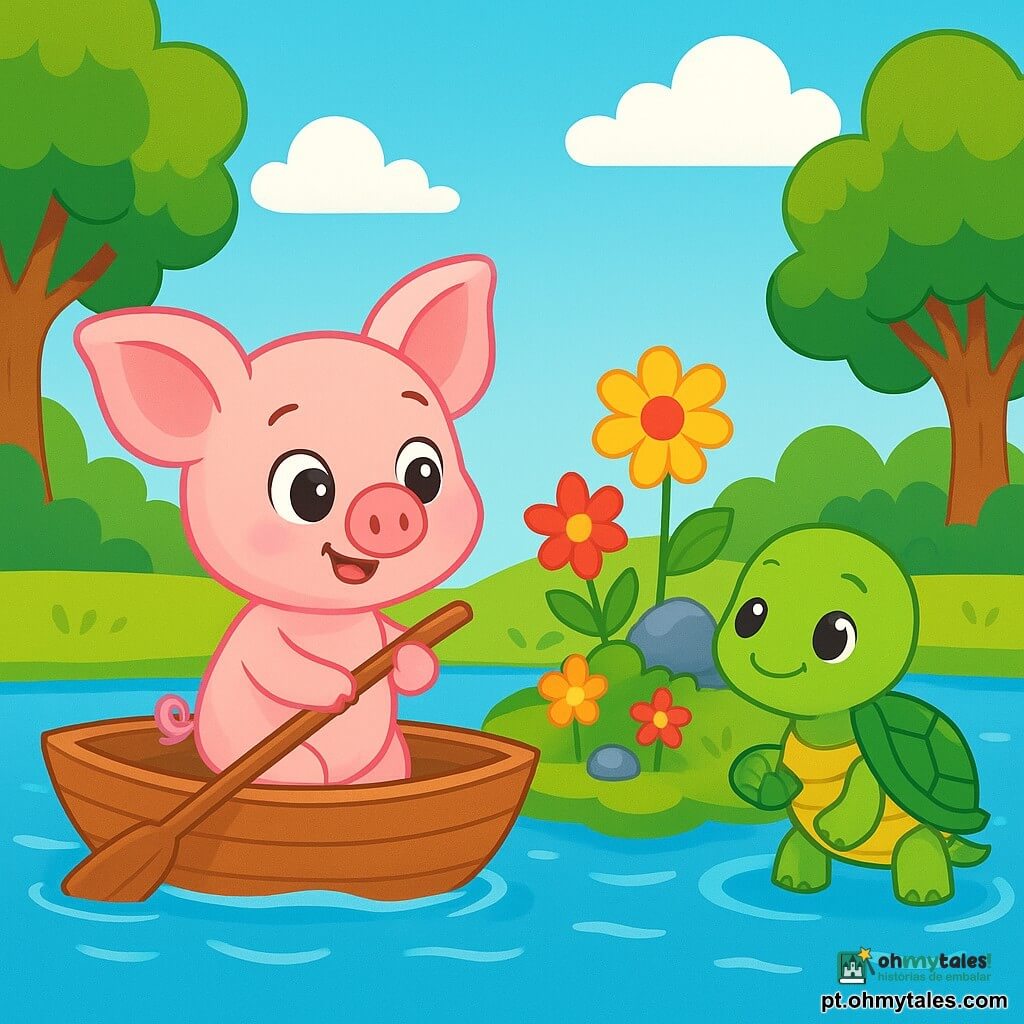 Um pequeno porquinho rosa com grandes orelhas, chamado Léo, está em um barco de madeira flutuando em um lago cintilante, com olhos brilhantes de curiosidade e um sorriso alegre. Ele segura um pequeno remo de madeira e observa com admiração as flores coloridas em uma ilha próxima. Ao seu lado, uma tartaruga verde com uma carapaça brilhante, chamada Tati, avança lentamente, exibindo uma expressão calma e amigável, segurando um pequeno pedaço de folha em suas patas. O lago é cercado por grandes árvores com folhas verdes e um céu azul claro, salpicado de nuvens brancas e fofas. A cena principal mostra Léo e Tati em uma aventura, prontos para explorar a ilha misteriosa cheia de flores vibrantes e pedras brilhantes, enquanto desfrutam da beleza da natureza ao seu redor.
