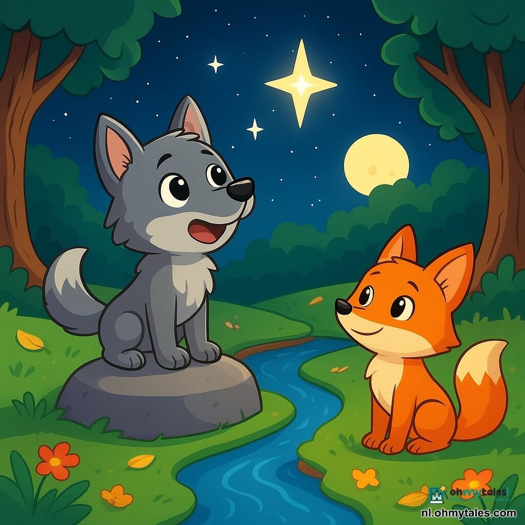Een kleine grijze wolf, genaamd Lumo, met een zachte vacht en nieuwsgierige glanzende ogen, staat op een steen aan de rand van een kleine rivier. Hij ziet er zowel opgewonden als een beetje nerveus uit, zijn hart klopt snel terwijl hij naar een fonkelende ster aan de nachtelijke hemel kijkt. Naast hem staat een jonge oranje vos met sprankelende ogen, een pluizige staart en een verlegen glimlach, die Lumo bewonderend gadeslaat, terwijl hij iets achteruit op het groene gras staat. De plek is een magische open plek, omringd door grote bomen met knoestige stammen, waar het maanlicht de grond verlicht die bezaaid is met kleurrijke bloemen en gouden bladeren. De scène toont Lumo die klaar is om in avontuur te duiken, vastbesloten om een verborgen schat te ontdekken, terwijl de vos hem aanmoedigt met een hoopvolle blik.