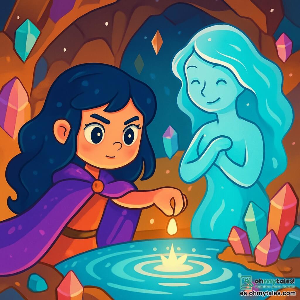 Luna, una niña de unos 10 años, está al borde de una fuente brillante. Tiene largos cabellos ondulados color noche y ojos brillantes como estrellas. Su rostro muestra determinación y curiosidad, y lleva una capa violeta que brilla bajo la luz. A su lado, un espíritu del agua, translúcido y luminoso, toma la forma de una figura femenina con cabellos de agua que fluyen suavemente y una sonrisa reconfortante. La escena se desarrolla en una cueva mágica, donde las paredes están adornadas con cristales brillantes que reflejan colores vivos. La luz de la fuente ilumina el espacio, creando una atmósfera de ensueño. Luna se prepara para verter una gota de luz mágica en la fuente para salvar el Reino de Cristal, mientras el espíritu del agua la observa con benevolencia, lista para ayudarla en su búsqueda.