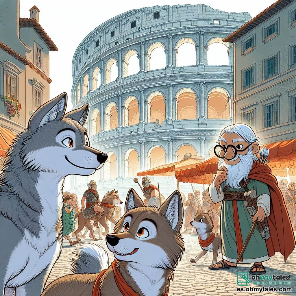 Luno, un pequeño lobo de ojos brillantes y pelaje gris suave, se encuentra en el centro de la escena, con una expresión de asombro en su rostro. Mira un gran edificio de piedra, el Coliseo, que se erige majestuosamente detrás de él, lleno de detalles arquitectónicos impresionantes. A su lado, Romo, un joven lobo de orejas puntiagudas y pelaje marrón, sonríe con entusiasmo, sosteniendo una piedra en sus patas delanteras, listo para ayudar. Más lejos, un viejo arquitecto humano, con una larga barba blanca y gafas redondas, observa atentamente los cimientos, con un aire pensativo pero satisfecho. El lugar es una ciudad romana animada, con calles pavimentadas, coloridos puestos de mercado y soldados con armaduras que pasan, creando una atmósfera vibrante e histórica. La escena principal muestra a Luno y Romo conversando con el arquitecto, mientras a su alrededor, trabajadores se afanan en construir el Coliseo, simbolizando la unión de la amistad y la aventura a través del tiempo.