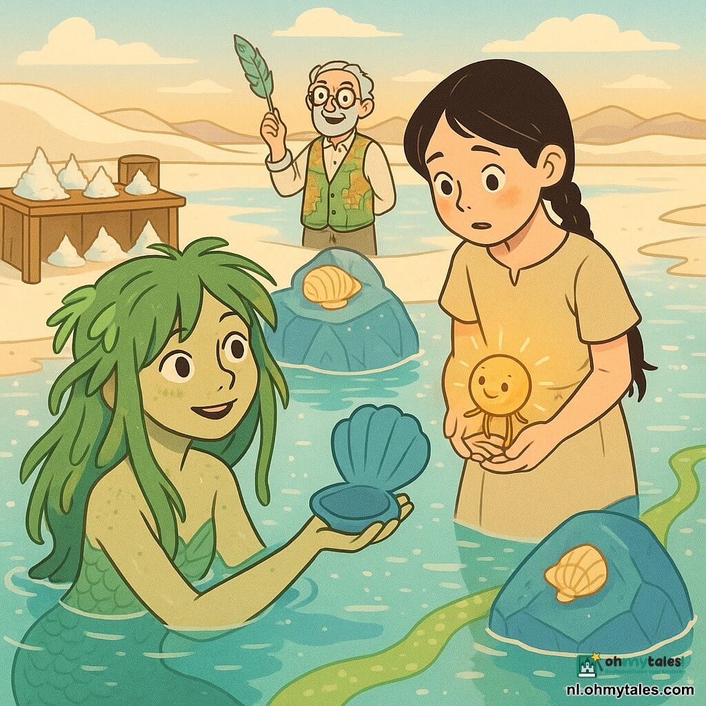 Een vrouwelijke zeemeermin met groen zeewierhaar en zilverachtige ogen zit in het heldere zoutmeer en reikt een grote blauwe schelp ("Schelp van Smaak") naar de oever; het meisje Maan (ongeveer 10 jaar) in een eenvoudige beige linnenjurk met zwarte vlecht kijkt timide verwonderd en houdt het kleine gouden Glansje—een rond wezentje met fijne pootjes en een draaiend mini-zonnetje in zijn buik dat warm licht geeft—in haar hand vlak bij de schelp; op de achtergrond staat de oude koopman Knikker (ongeveer 50) in een jas van papieren kaarten en te grote ronde bril bij een zoutkraam, glimlachend en met een veer zwaaiend; de scène speelt zich af op een zingend zoutmeer met glinsterende zoutkristallen, een grote blauwglazen rots met een schelp erop, een smal bruggetje van glanzend zeewier, witte duinen en zachte mirages aan de horizon — een warme, lichte, magische moment waarin de zeemeermin Maan de Schelp van Smaak aanbiedt en Maan het dauwdruppel ontdekt bij het licht van het Glansje.