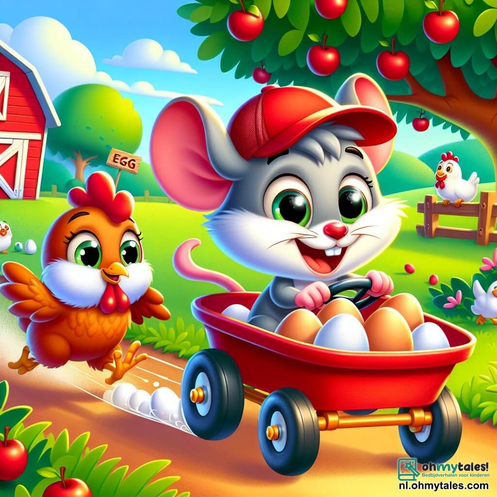 Een kleine muis genaamd Max, met een schattig rood petje en een ondeugende glimlach, rijdt in een grappige kar met eieren erin. Zijn ogen stralen van opwinding terwijl hij met hoge snelheid rijdt. Naast hem rent een rode hen genaamd Toos, met glanzende veren en een bezorgde blik, achter het karretje aan, haar vleugels flapperend. Op de achtergrond staat een kleurrijke boerderij met een rode schuur, groene velden en een grote appelboom met helderrode appels, waar andere dieren nieuwsgierig naar de scène kijken. Max is aan het racen, lachend en plezier makend, terwijl de eieren in het karretje klaar lijken om op te stijgen, wat een vrolijke en dynamische sfeer creëert.