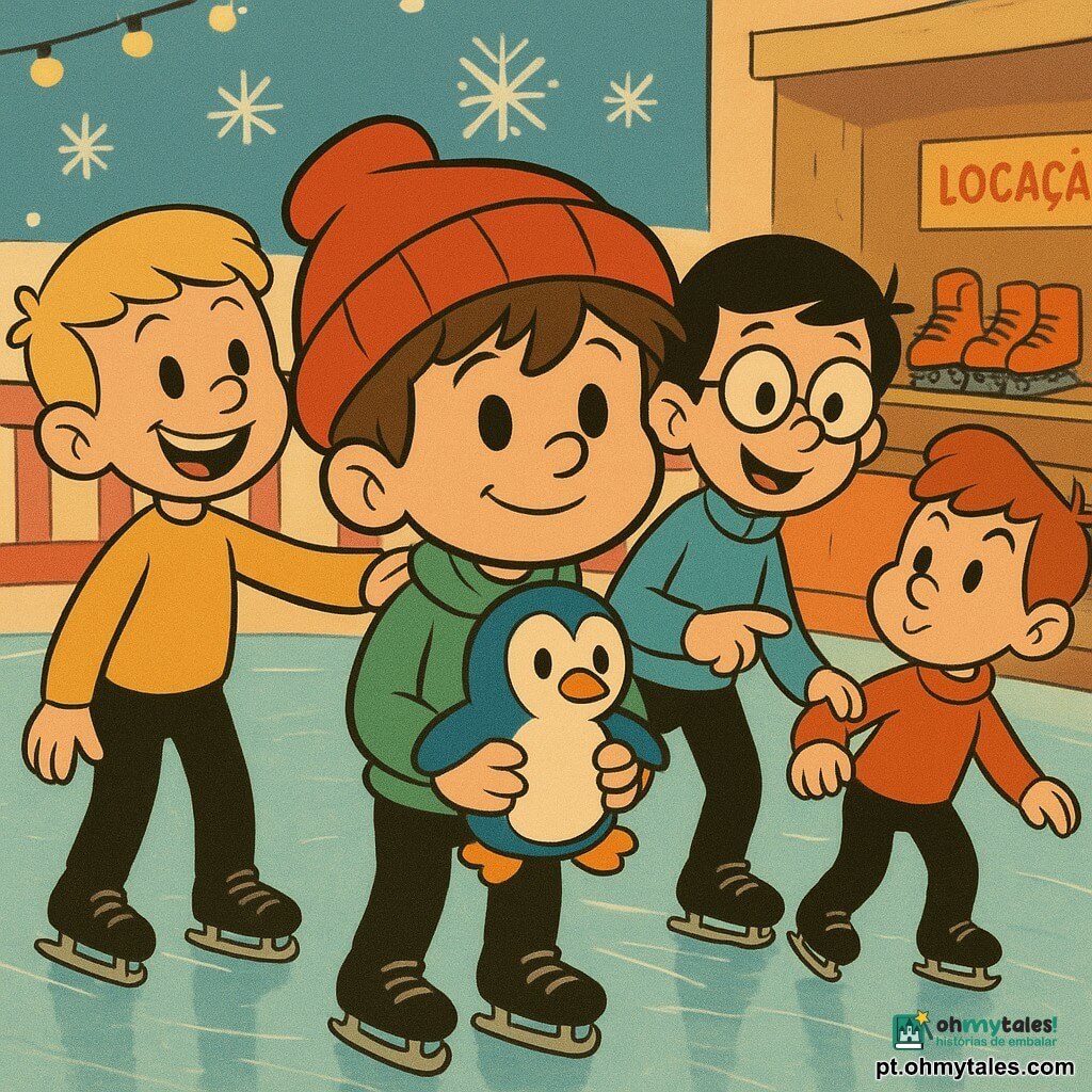 Quatro meninos de cerca de 8 anos formam um pequeno comboio numa pista de patinagem interior: no centro, um rapaz de cabelo castanho despenteado com um gorro vermelho grande segura um pinguim de pelúcia azul contra o peito; à esquerda do centro, um loiro de cabelos curtos e sorriso largo usa patins e segura ligeiramente o ombro do seguinte; à direita em terceira posição, um rapaz de cabelos pretos e óculos redondos segura a mão do que vem atrás e aponta para uma pilha de patins de plástico laranja à direita; fechando a fila, um ruivo com expressão maliciosa faz um pequeno "quá" com a boca, ligeiramente inclinado para trás. A pista é iluminada, gelo brilhante com reflexos azuis e brancos, barreiras de madeira vermelho e branco, guirlandas de luzes amarelas, um grande cartaz com flocos de neve ao fundo e um balcão de aluguer de patins laranja à direita; atmosfera calorosa, expressões alegres, gestos atentos, luz suave nos rostos, composição centrada, cores vivas e traços arredondados no estilo rubber hose.