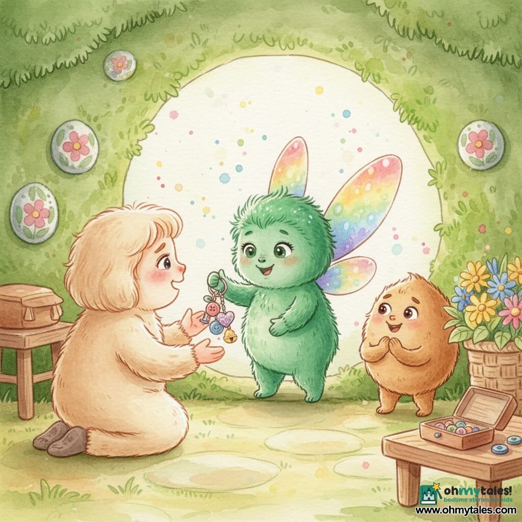 Poppy, a small furry creature with shimmering emerald fur, two color-changing iridescent wings, a round face, shy smile and bright eyes, stands joyfully and proudly holding a handmade keychain of colorful buttons, a glittery heart and a small bell; Mom, a cream-furred, tender, moved figure kneels at the burrow door with open arms to receive it; Zig, a compact walnut-shaped friend with light brown fur and a mischievous enthusiastic expression, applauds beside Poppy slightly to the right; the cozy burrow interior is lined with velvety green moss and painted floral pebbles, with a small wooden table holding an open button box, a basket of wildflowers and soft morning light filtering in; the scene is a tender Mother’s Day gift exchange with a warm atmosphere, attentive gestures and gentle controlled watercolor splashes to emphasize the moment’s magic and sweetness.