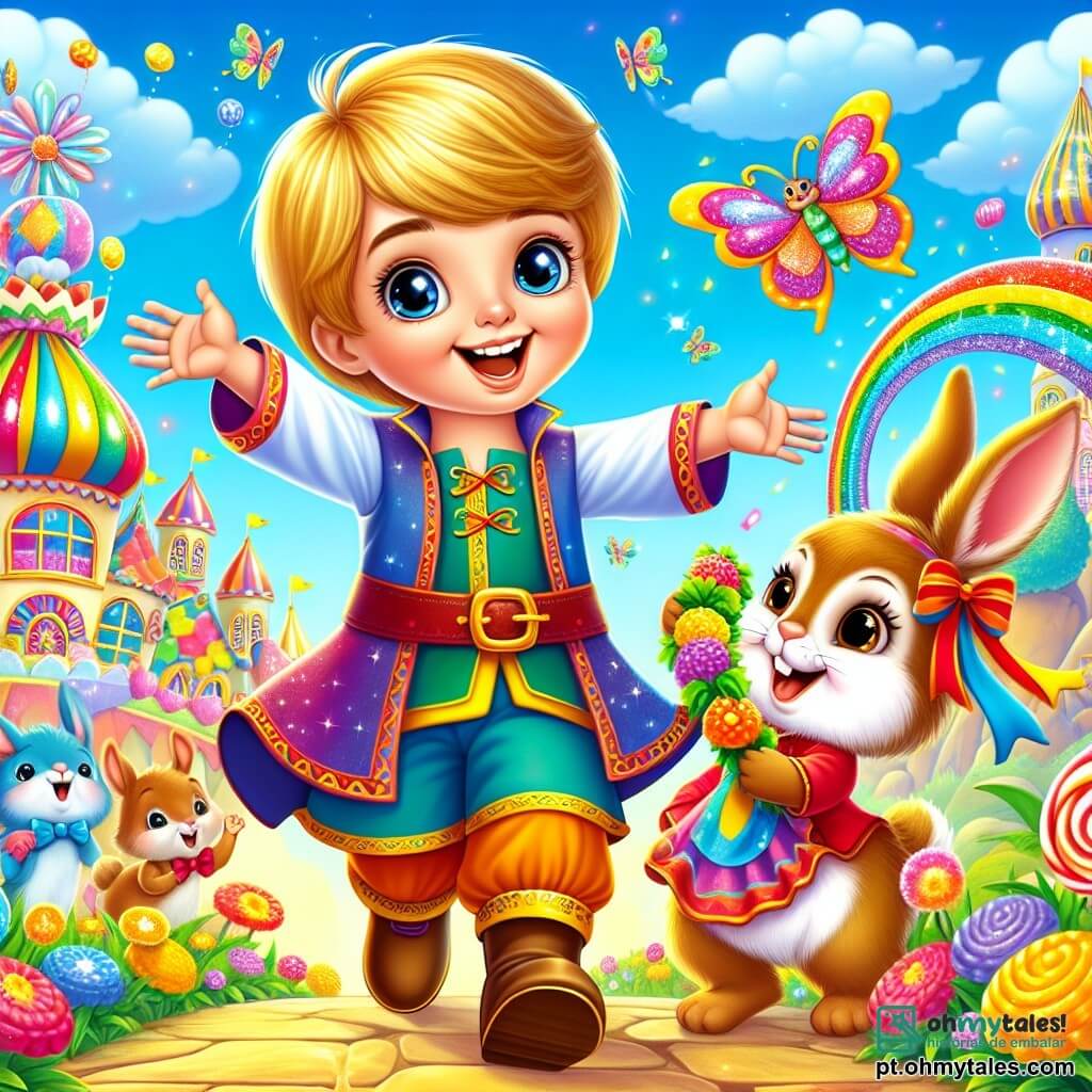 O Pequeno Polegar, um garoto de estatura pequena com cabelos dourados e olhos brilhantes, está no centro do palco, sorrindo, com os braços abertos em sinal de alegria e acolhimento. Ele usa uma túnica colorida e calças curtas, parecendo cheio de energia e entusiasmo. Ao seu lado, uma coelhinha vaidosa, com grandes orelhas e pelagem macia, observa Polegar com admiração, segurando uma guirlanda de flores, pronta para decorar o local para o grande desfile. Um bichon-papillon, um pequeno ser colorido com asas brilhantes, voa ao redor deles, dançando alegremente no ar, adicionando um toque de magia à cena. O cenário é a magnífica Cidade das Ideias, com casas de doces em cores vibrantes, árvores de gelatina cintilante e um céu azul salpicado de nuvens fofas. Flores multicoloridas crescem por toda parte, e criaturas encantadas se reúnem para admirar o espetáculo. A situação principal mostra Polegar e seus amigos se preparando para um grande desfile, celebrando a amizade e a alegria, com risos e canções que ressoam no ar, enquanto se unem para mostrar aos gigantes que podem ser amigos.