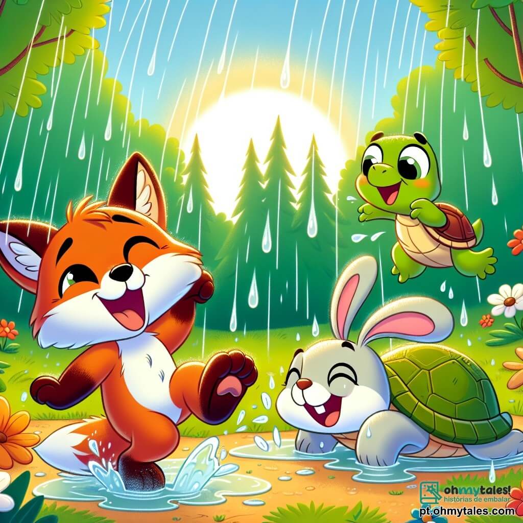 Um raposo chamado Rufi, com pelagem laranja brilhante e olhos curiosos, dança alegremente sob uma chuva de gotas d'água cintilantes, com um grande sorriso no rosto. Ao seu lado, uma tartaruga chamada Tula, com uma carapaça verde e olhos suaves, observa Rufi com um ar divertido, enquanto um coelhinho travesso chamado Pipo, com grandes orelhas brancas, ri deslizando sobre uma folha molhada. A cena acontece em uma clareira ensolarada, rodeada de flores coloridas que parecem dançar ao ritmo da chuva, com majestosas árvores ao fundo. Os amigos se divertem juntos, aproveitando a chuva inesperada que transforma seu piquenique em uma festa alegre e cheia de risadas.