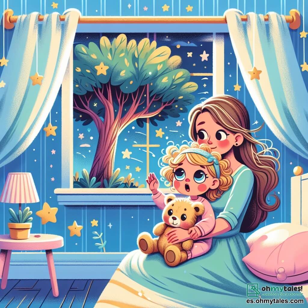 Una niña de 2 años, con grandes ojos brillantes y cabello rizado, sostiene un dulce osito de peluche contra ella. Tiene una expresión curiosa y un poco temerosa, con las cejas ligeramente fruncidas. A su lado, su mamá, una mujer sonriente de unos 30 años, con cabello largo y liso, está sentada al borde de la cama, con una actitud reconfortante y los brazos abiertos para acoger a su hija. La escena ocurre en una habitación cálida, con paredes pintadas de azul pastel, estrellas doradas pegadas al techo y un gran árbol afuera de la ventana, cuyas ramas se mueven suavemente con el viento. La niña escucha atentamente los ruidos del viento mientras su mamá le explica que esos sonidos son amigos. El viento sopla suavemente y las hojas del árbol parecen susurrar secretos, creando una atmósfera mágica y reconfortante.