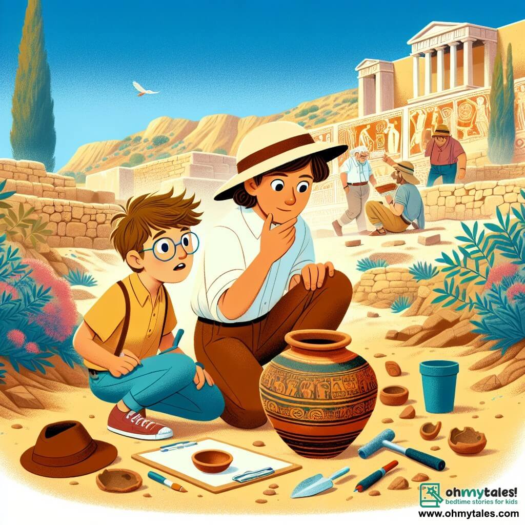 A female archaeologist, Dr. Sophia Lark, is kneeling on the dusty ground of an excavation site in Crete. She has brown hair tied in a bun, wears a wide-brimmed hat and a light t-shirt, and her face shows excitement and focus. Next to her, her assistant Alex, a 12-year-old boy with glasses and messy hair, holds a clipboard and carefully observes a clay jar they have just uncovered. In the background, the archaeological site is filled with ancient ruins, stone walls, and colorful frescoes under a bright blue sky. The main scene shows Sophia and Alex carefully uncovering the jar, surrounded by brush and some archaeological tools, as they discover a hidden treasure from the past.