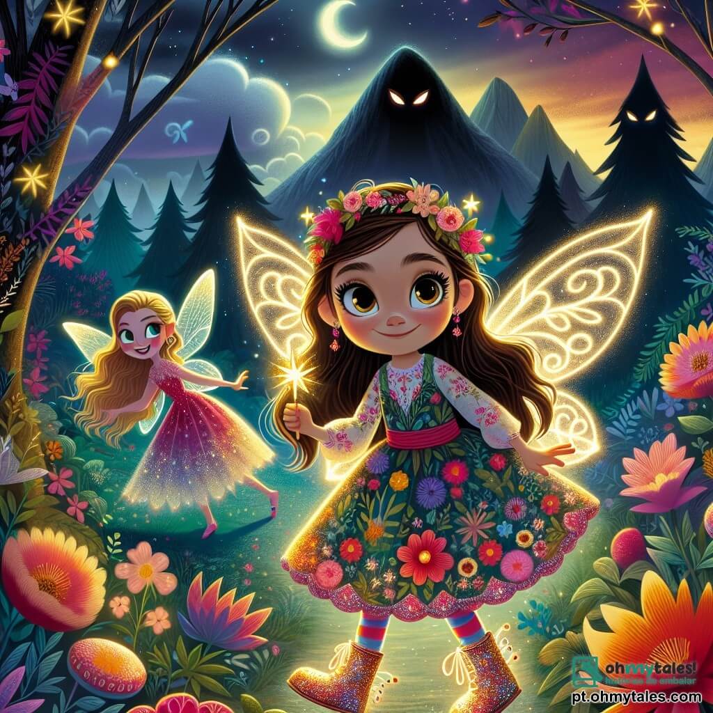 Uma menina de 6 anos, Mia, com longos cabelos castanhos e olhos brilhantes de curiosidade, está no centro da cena. Ela usa um vestido colorido com estampas de flores e botas brilhantes que cintilam como estrelas. Seu rosto expressa uma determinação alegre enquanto ela segura uma varinha mágica luminosa, pronta para a aventura. Ao seu lado, uma pequena fada chamada Lila, de cerca de 5 anos, com asas cintilantes e cabelos dourados, voa alegremente ao redor de Mia. Ela veste um vestido feito de pétalas de flores e sorri entusiasticamente, adicionando um toque de magia à cena. Ao fundo, o Sombrio, uma silhueta escura com olhos penetrantes, está em uma montanha, cercado por nuvens escuras. Sua expressão é ameaçadora e curiosa, enquanto observa Mia e Lila com surpresa e intriga. O cenário é uma bela floresta encantada, cheia de árvores majestosas com folhas brilhantes e flores coloridas que dançam ao vento. A luz da lua ilumina o caminho, criando uma atmosfera mágica e misteriosa. A situação principal mostra Mia e Lila, unidas por sua coragem, se preparando para enfrentar o Sombrio e trazer de volta o brilho das estrelas, enquanto a magia cintila ao seu redor, prometendo uma aventura inesquecível.