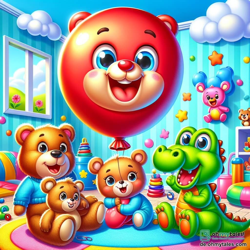 Ein fröhlicher roter Ball namens Bouncy, rund und glänzend, springt begeistert in der Mitte des Bildes und zeigt ein großes Lächeln und funkelnde Augen vor Freude. Neben ihm sitzt ein niedlicher Teddybär namens Teddy mit braunem Fell und sanften Augen, der sich vor Lachen den Bauch hält. Nicht weit entfernt bereitet sich ein grüner Krokodil namens Kiki mit einem breiten Lächeln und schimmernden Schuppen darauf vor, zu springen, mit erhobenen Pfoten und voller Energie. Schließlich liegt ein rosa Elefant namens Ellie mit großen Ohren und einem amüsierten Blick lachend am Boden, umgeben von seinen Freunden. Die Szenerie ist ein helles, buntes Spielzimmer voller Spielzeug, weichen Kissen und himmelblauen Wänden, die eine fröhliche und einladende Atmosphäre schaffen. In der Mitte haben die Freunde gemeinsam Spaß in einer dynamischen Spielsituation, in der Bouncy fröhlich springt, während Teddy, Kiki und Ellie zusammen lachen und den Geist von Freundschaft und Kameradschaft verkörpern.