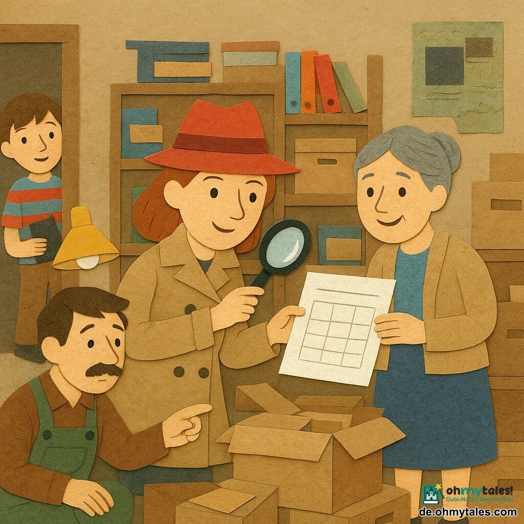 Detektivin, lächelnd und konzentriert, lebhafter Blick, beiger Mantel mit großen Knöpfen, roter Fedora aus Papier, glänzende Lupe in der Hand, über einem Stapel geöffneter Kartons gebeugt; Schulleiterin (ca. 45, Tochter), erleichtert, graue Haarnrolle, blaue Papierrock, hält den wiedergefundenen Stundenplan hinter der Detektivin rechts; Hausmeister (ca. 50, Sohn), etwas verlegen, Papierschnurrbart, grüne, fleckige Latzhose, hockt bei einer Kiste und zeigt beschämt auf ein Blatt links von der Detektivin; Schüler Max (ca. 11), zerzaustes Haar, neugieriges Lächeln, gestreiftes T‑Shirt aus buntem Papier, steht am Büroeingang mit kleinem Notizheft; Ort: kleines, überfülltes Schulbüro mit gelbem Papierstehlampe, schiefen Regalen voller bunter Akten, leeren Kaffeetassen, beschrifteten Kartons und eingerissenen Schulplakaten aus Papier; Hauptsituation: die Detektivin findet einen großen weißen Stundenplan, der zwischen Dokumenten steckt, und lächelt, das leuchtende Blatt bildet den zentralen Kontrast zu chaotischen Kartons und Papieren.