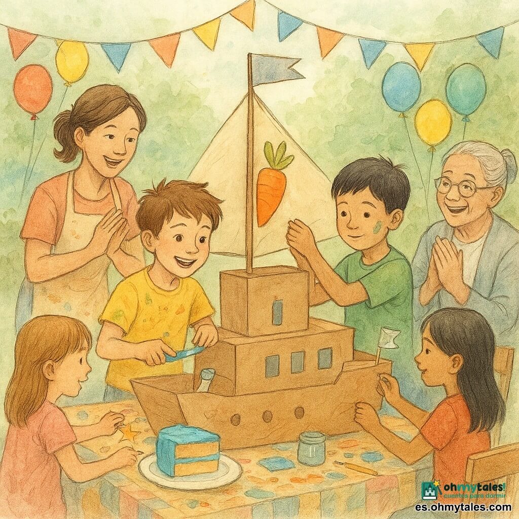 Un niño de 8 años, Lucas, sonriente y con pintura en manos y camiseta amarilla, corta una porción de pastel azul junto a un gran barco de cartón; otro niño de 8 años, Mateo, tímido con una mancha de pintura verde en la mejilla, pega un parche en la vela; la madre (unos 35 años) con delantal sostiene un plato de pasteles y aplaude a la izquierda, la abuela (unos 70 años) ríe sentada a la derecha; tres niños más decoran el barco con estrellas, ventanas pintadas y una bandera; salón-jardín luminoso con mesa de madera, globos, guirnaldas, cajas de cartón formando el barco, pintura y migas en el suelo; fiesta de cumpleaños creativa y alegre, ambiente cálido, pastel en primer plano.