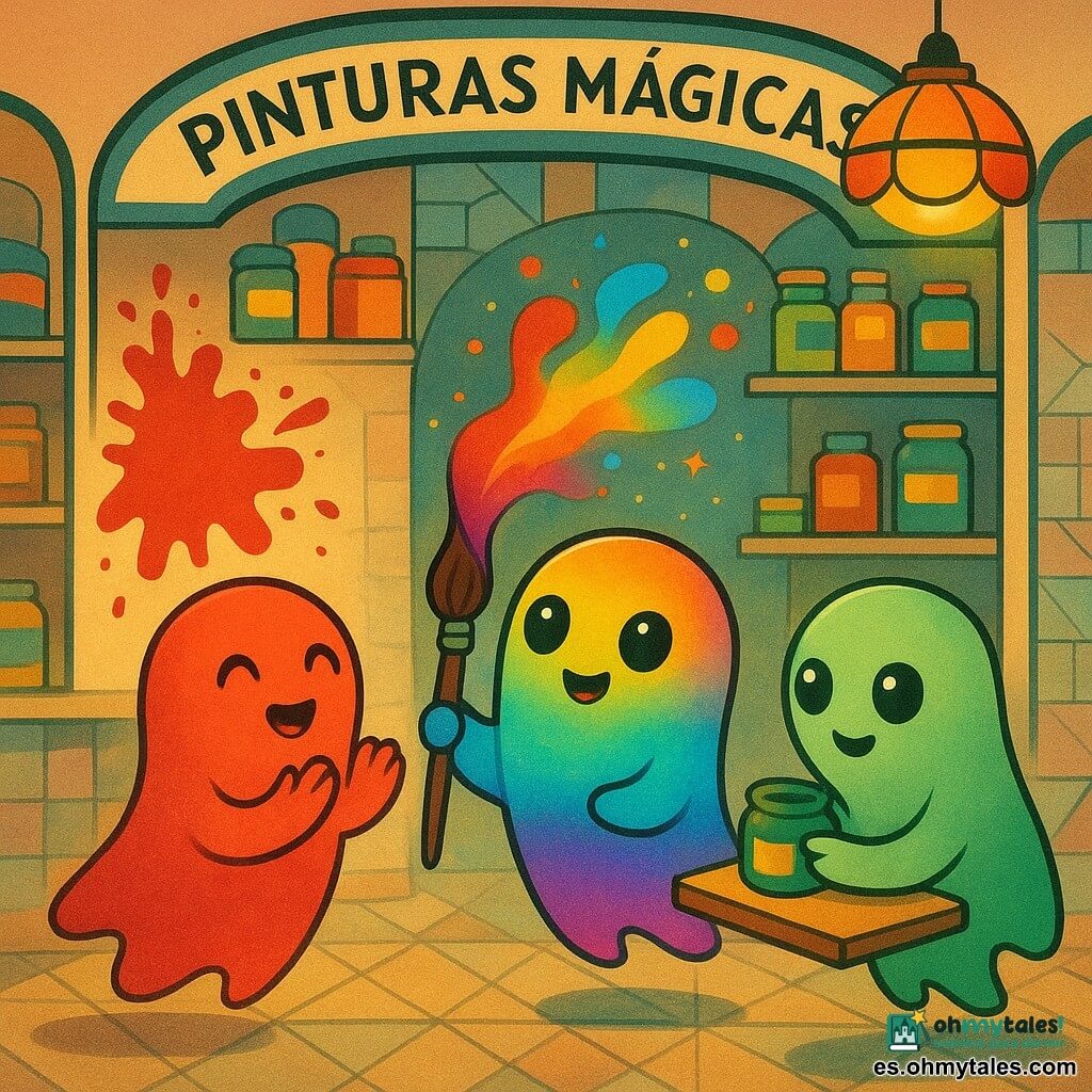 Medi, un fantasma infantil sonriente y curioso que cambia de color en un degradado arcoíris, forma translúcida y ojos grandes, sostiene una brocha grande flotante que mezcla colores; a la izquierda, un fantasma rojo de aspecto masculino, entusiasta y de silueta fina, aplaude con manos transparentes ante una salpicadura rojo vivo; a la derecha, un fantasma verde de aspecto masculino, asombrado y de cuerpo difuso verde menta, coloca un bote de pintura verde en una mesa flotante y se inclina hacia la brocha. Taller "Pinturas Mágicas": estanterías curvas art déco con botes brillantes y etiquetas doradas, paredes en mosaico pastel, suelo geométrico y lámparas de vidrio coloreado que emiten halos suaves. Los tres mezclan pinturas vibrantes; salpicaduras y gotas suspendidas brillan como estrellas y crean un nuevo tono luminoso bajo haces de luz dorada.